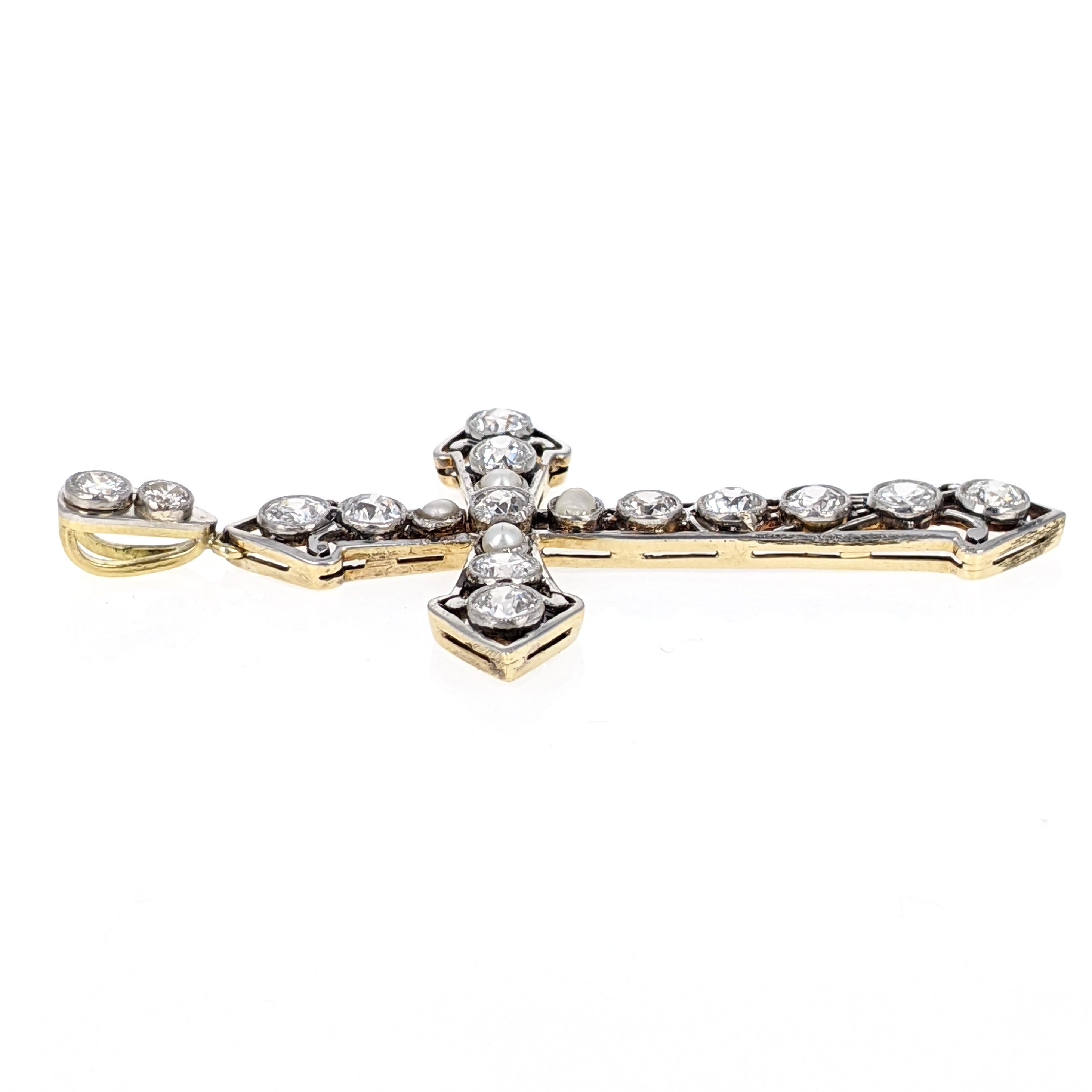 Diamond Pearl Gold Platinum Cross Pendant In Good Condition In New York, NY