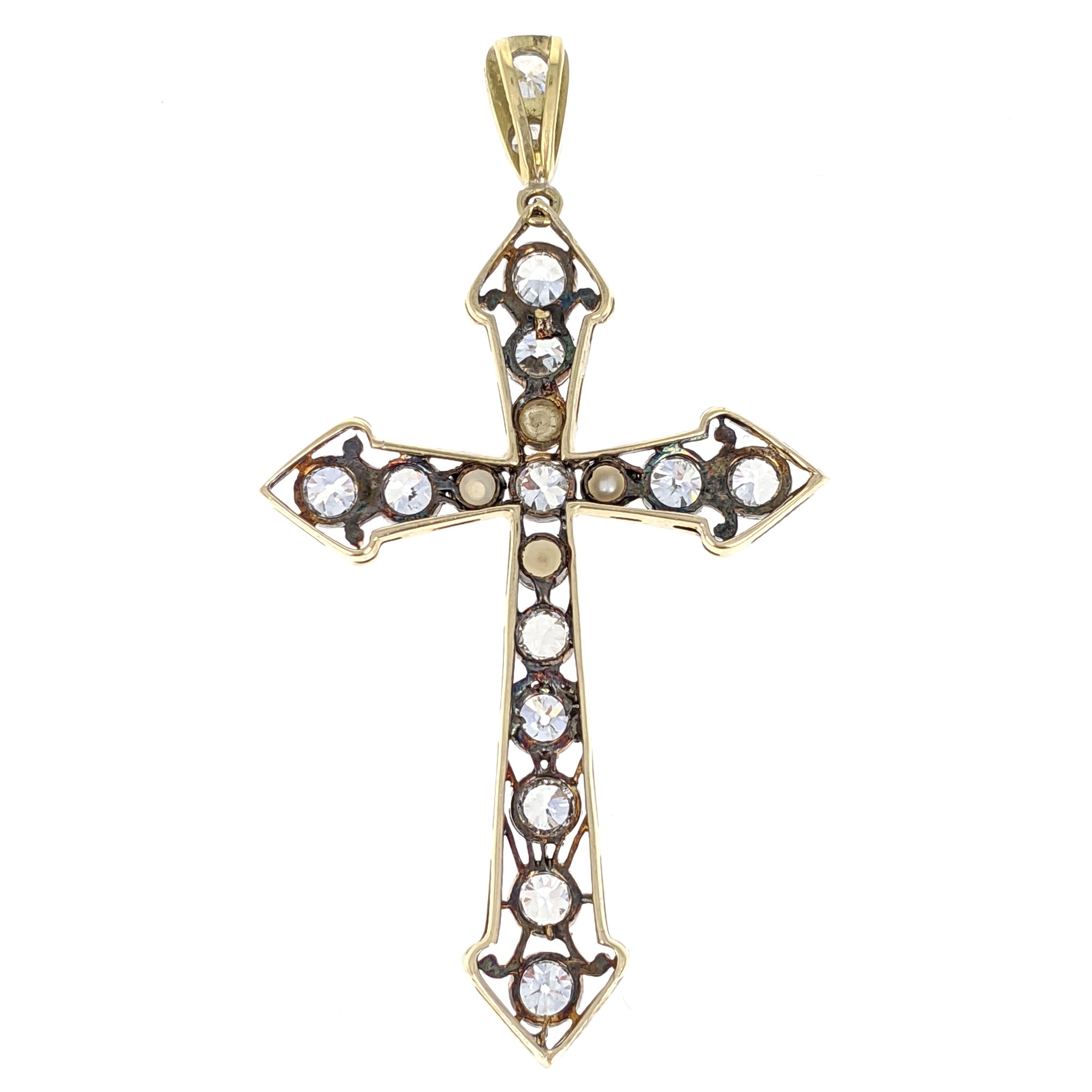 Women's or Men's Diamond Pearl Gold Platinum Cross Pendant