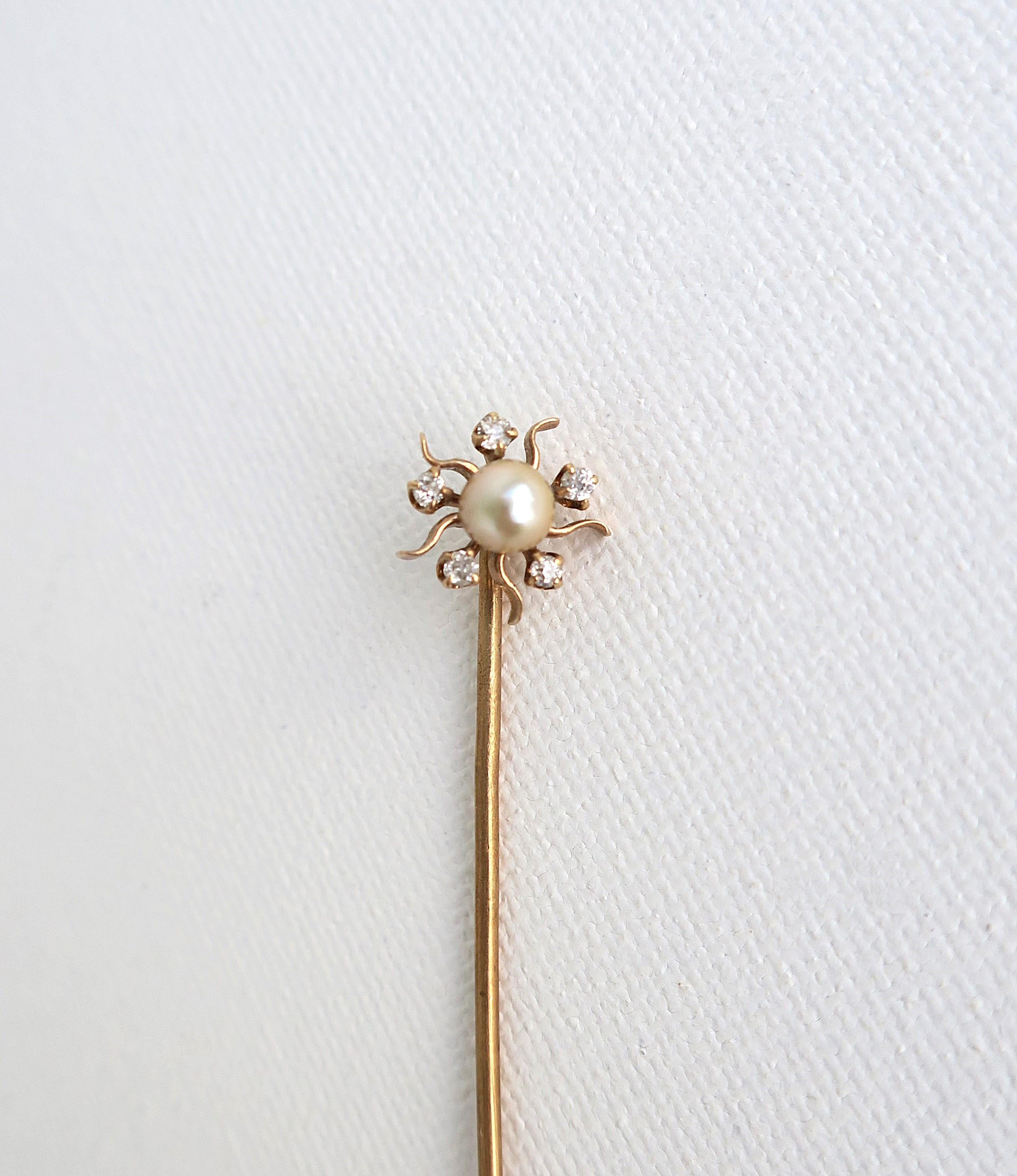 Edwardian Diamond Pearl Gold Stickpin For Sale