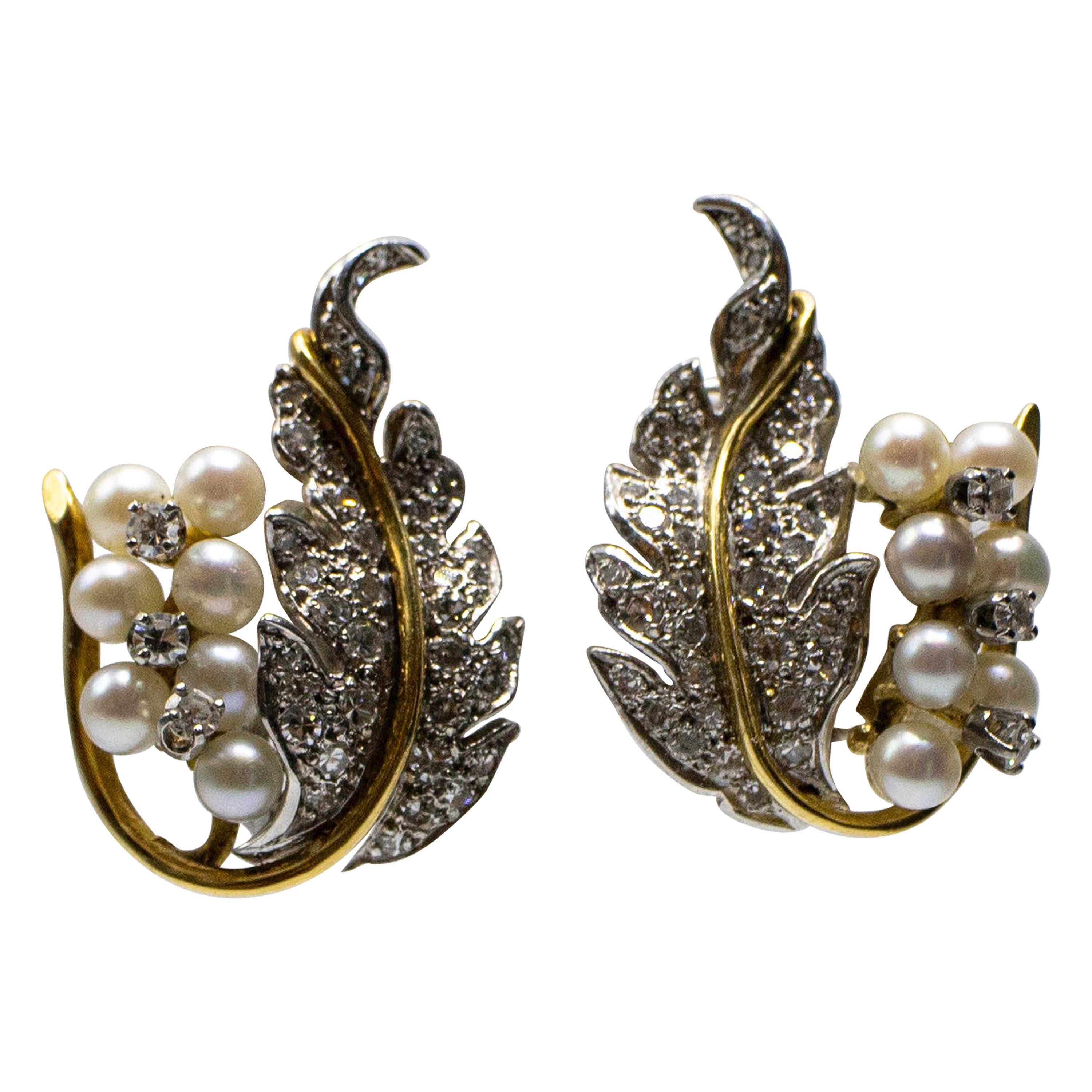 Diamond Pearl Grape and Leaf 18 Karat White and Yellow Gold Earclip Earrings