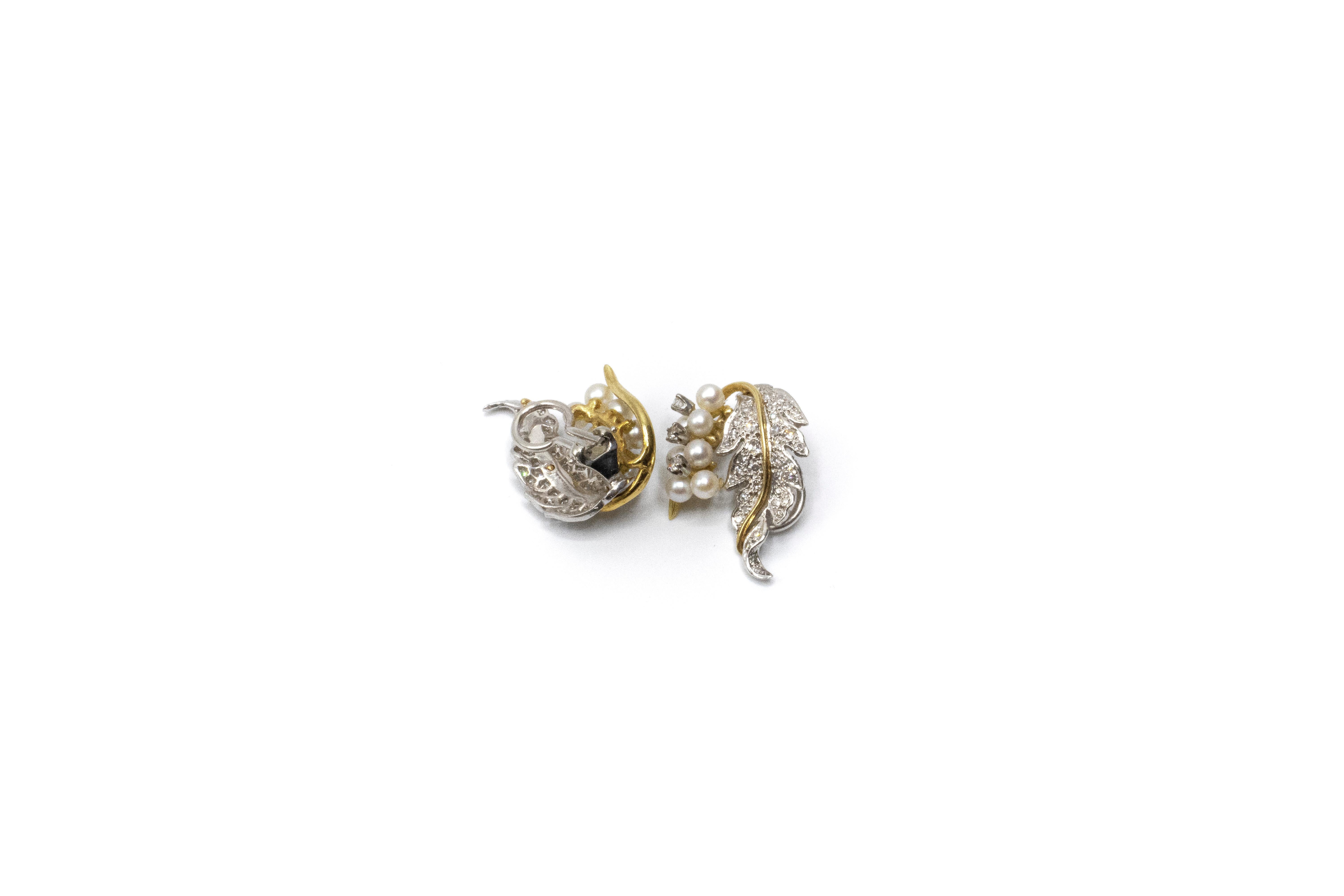 Diamond Pearl Grape and Leaf 18kt White and Yellow Gold Earclip Earrings. Total weight 10.71 grams