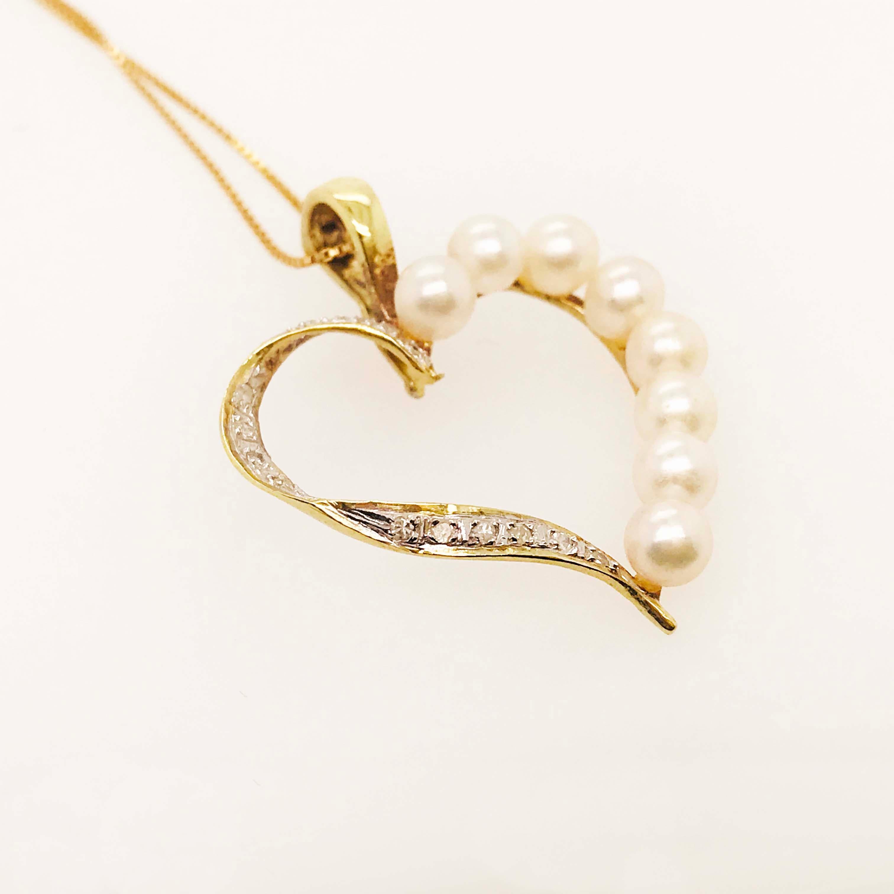 Diamant- und Perlen-Herz-Anhänger & Halskette Enhancer mit 14 Karat Gold Box Kette im Zustand „Hervorragend“ im Angebot in Austin, TX