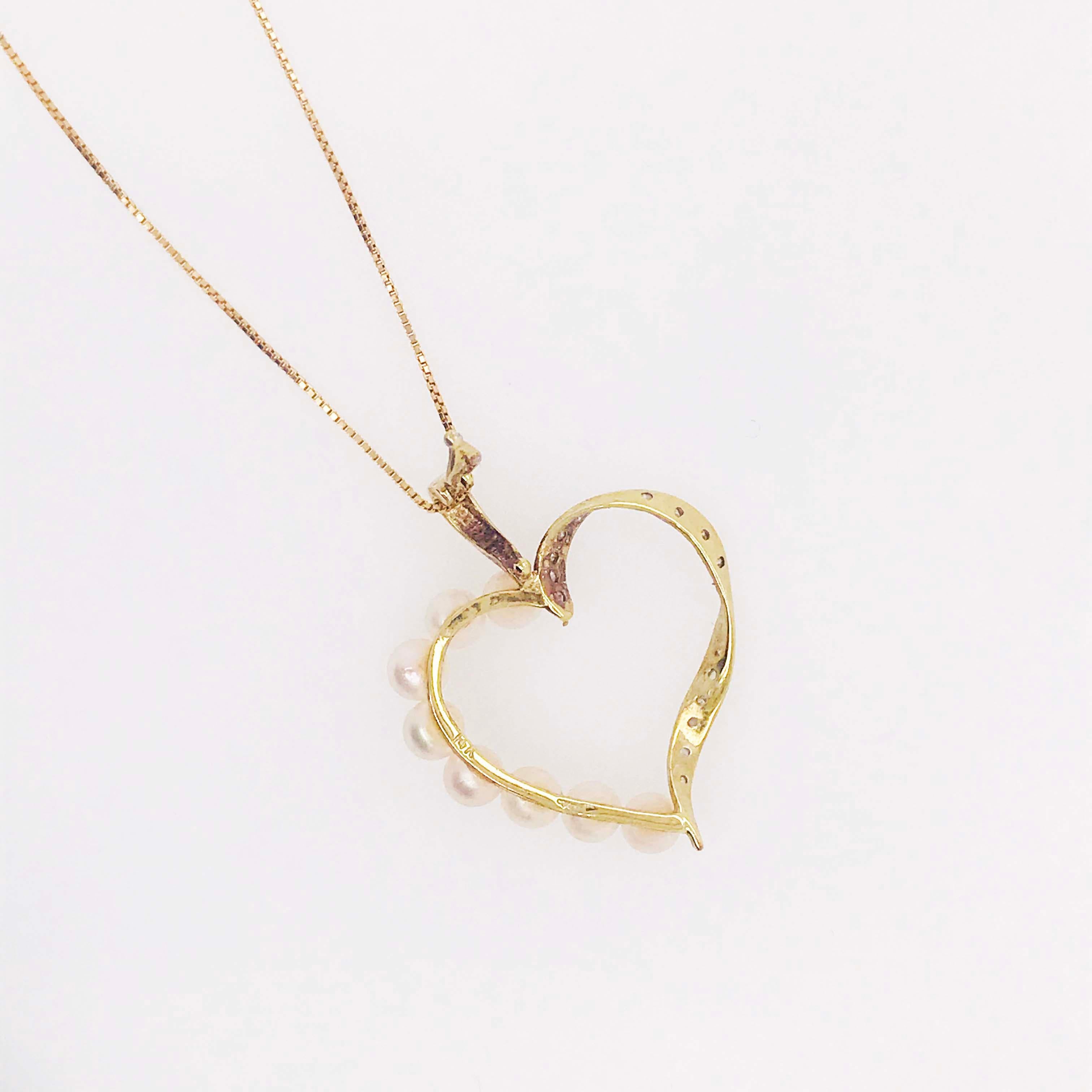 Diamant- und Perlen-Herz-Anhänger & Halskette Enhancer mit 14 Karat Gold Box Kette Damen im Angebot