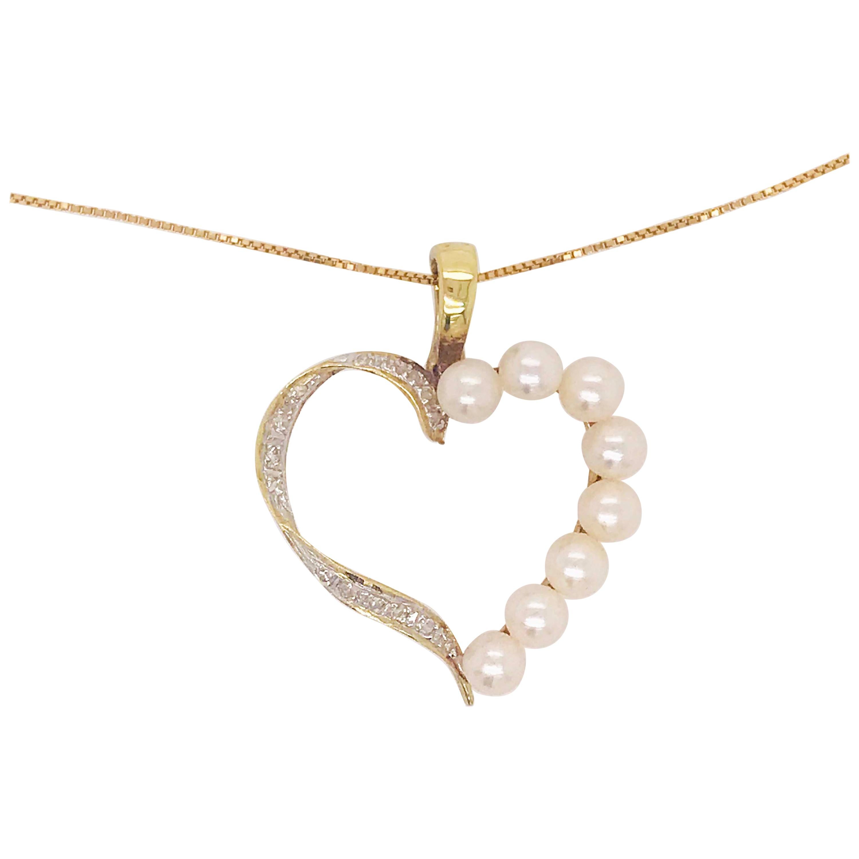 Pendentif et collier en forme de cœur en diamants et perles avec chaîne en or 14 carats