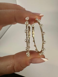 Diamond Pearl hoop earrings large diameter 14KT gold