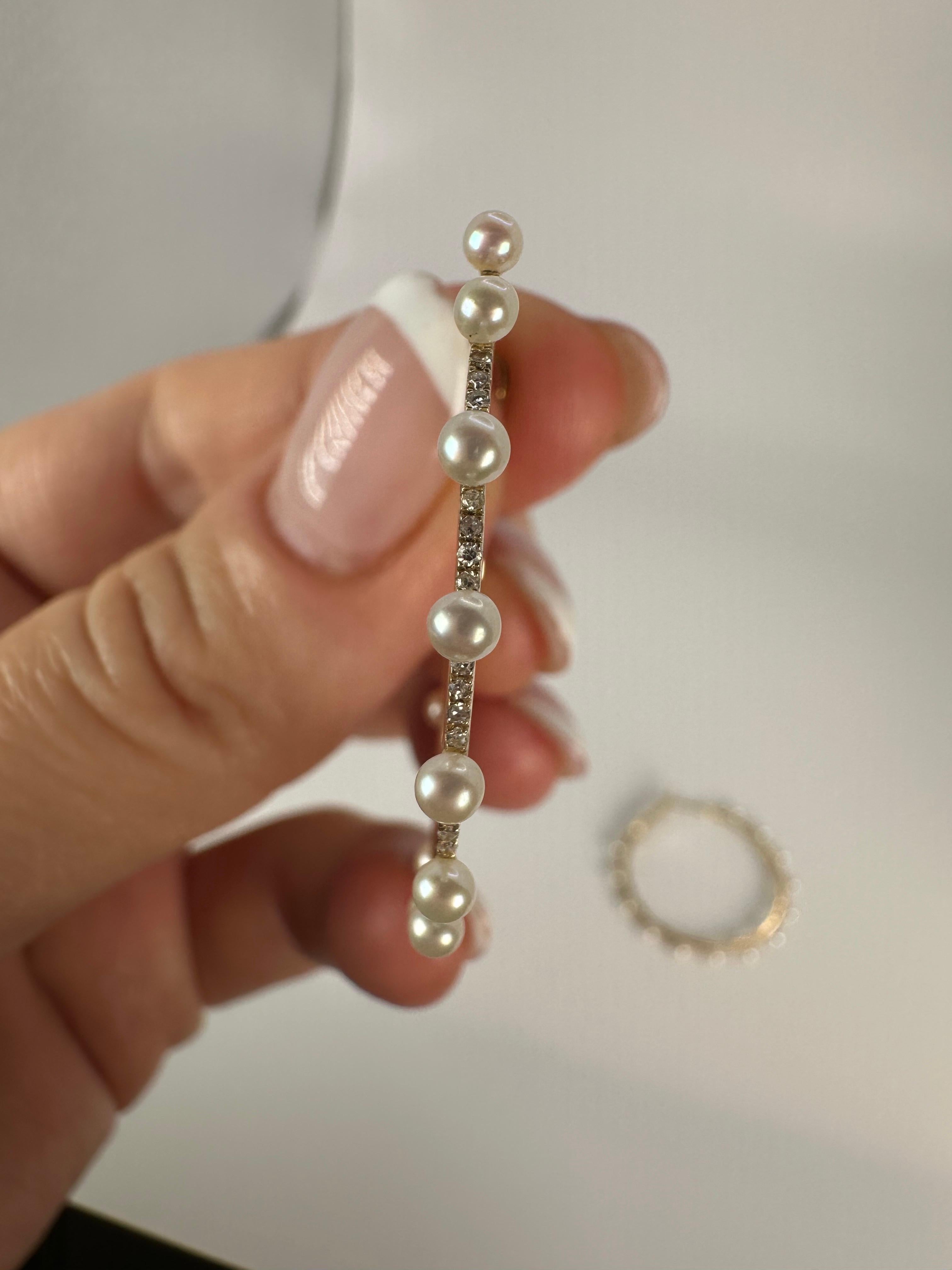 Round Cut Diamond Pearl hoop earrings large diameter 14KT gold For Sale