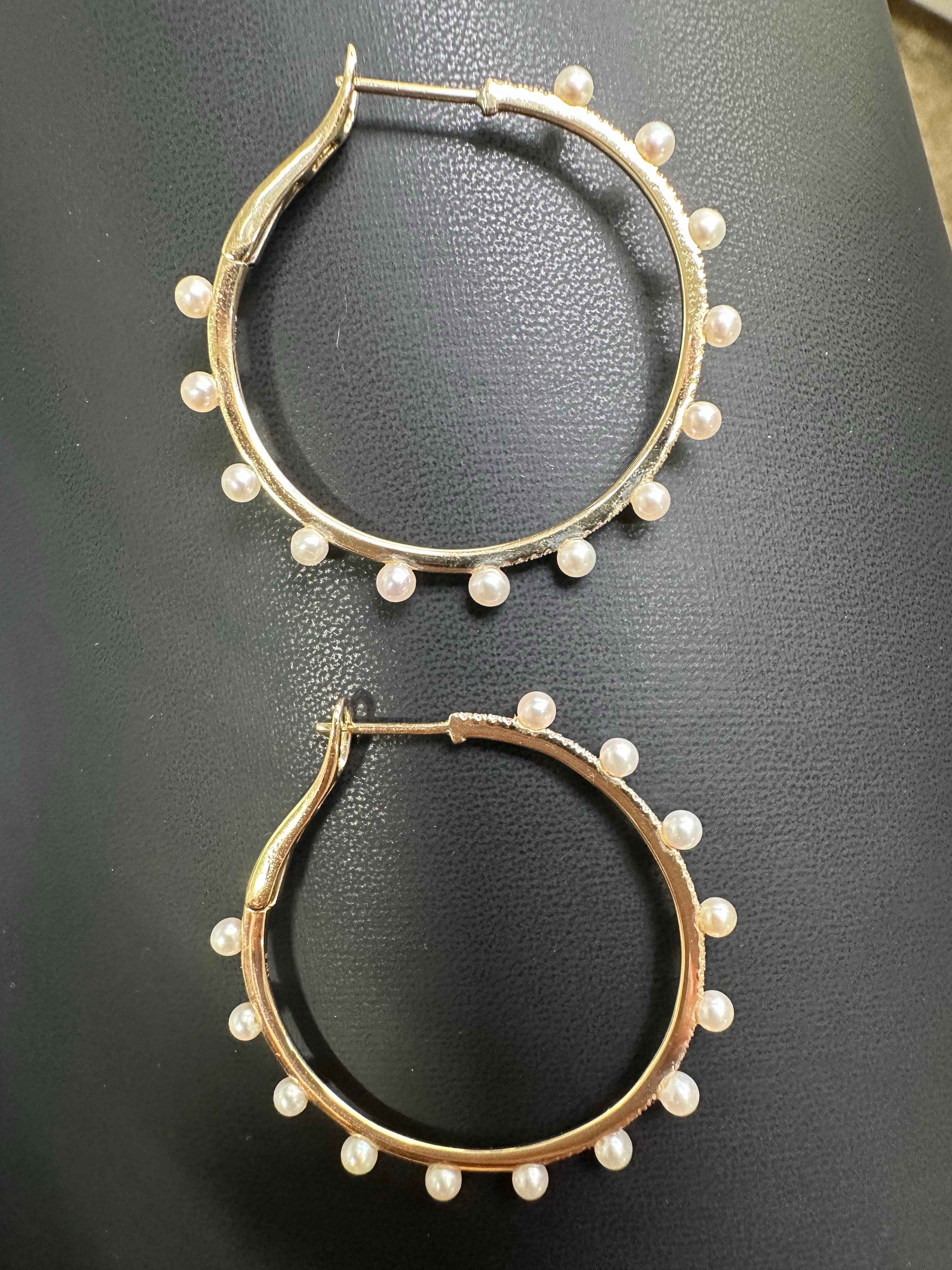 Women's or Men's Diamond Pearl hoop earrings large diameter 14KT gold For Sale