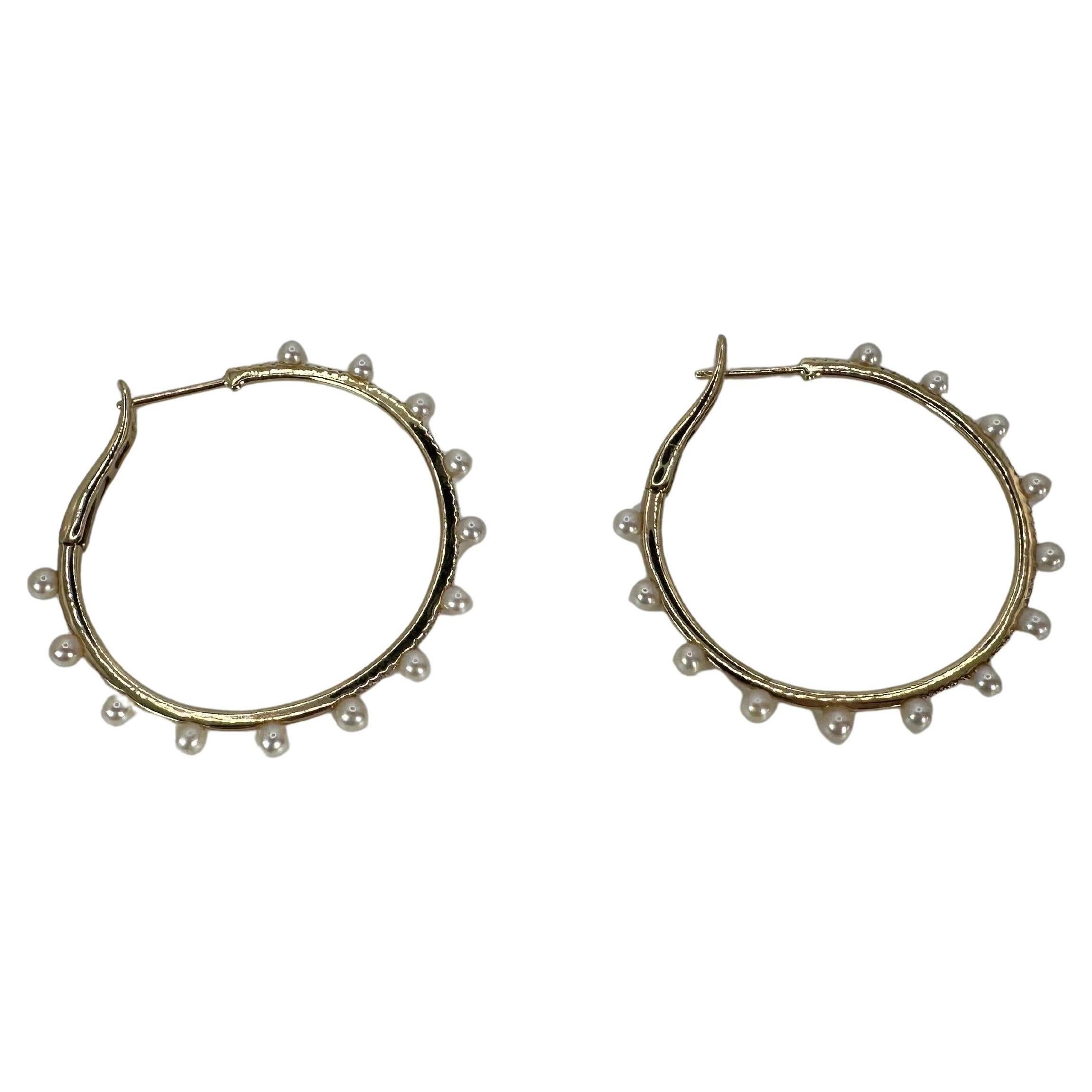 Diamond Pearl hoop earrings large diameter 14KT gold