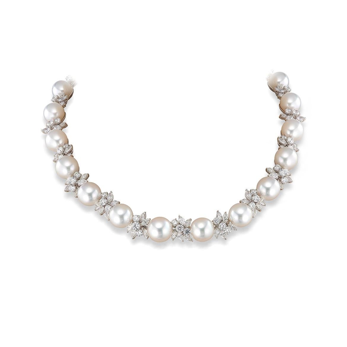 Necklace in 18kt white gold set with 20 South Sea pearls 14.6mm-12.5mm, 100 marquise cut diamonds 22.65 cts and 62 diamonds 14.92 cts   