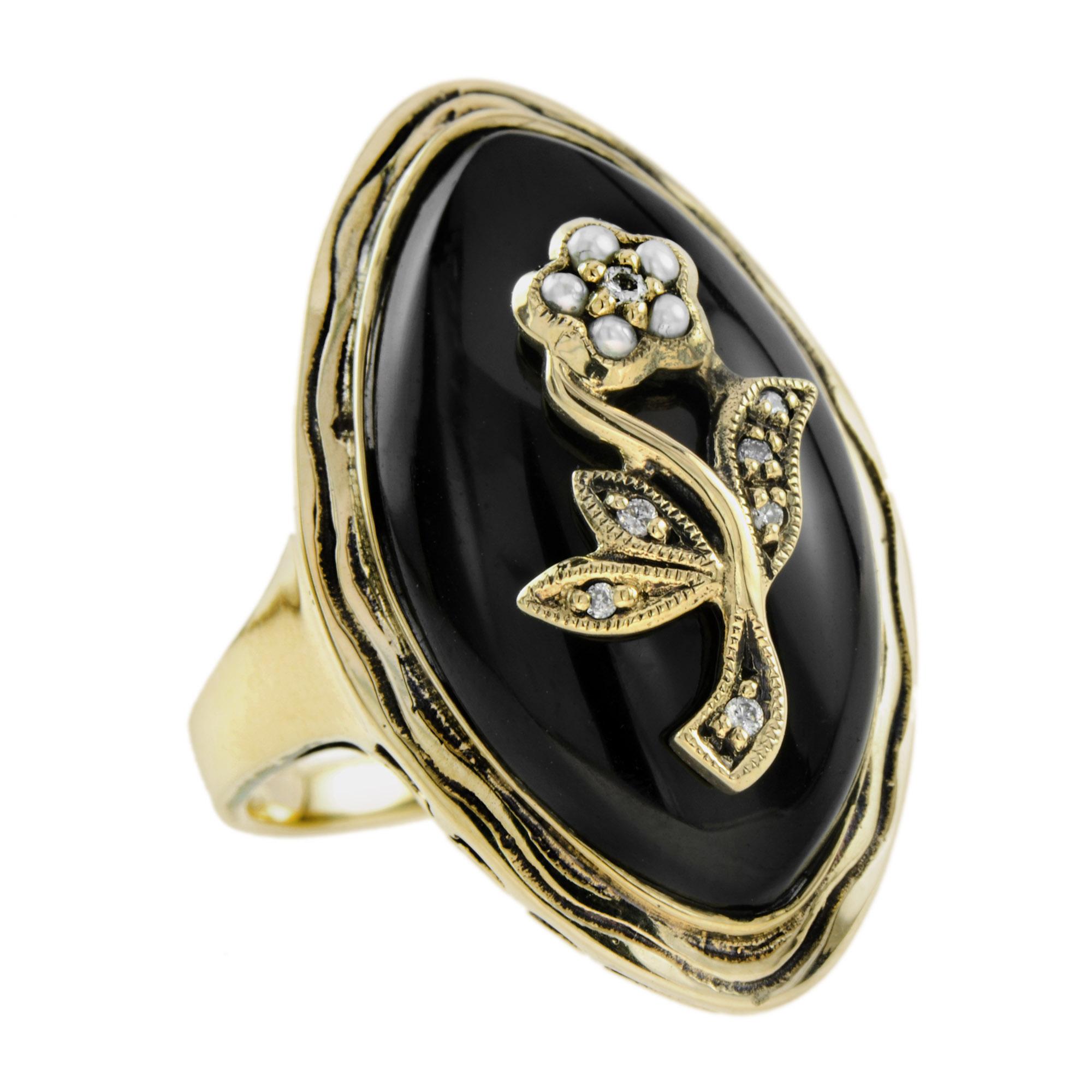Art déco Bague cocktail de style ancien en or jaune 14 carats, diamant, perle, onyx et fleur en vente