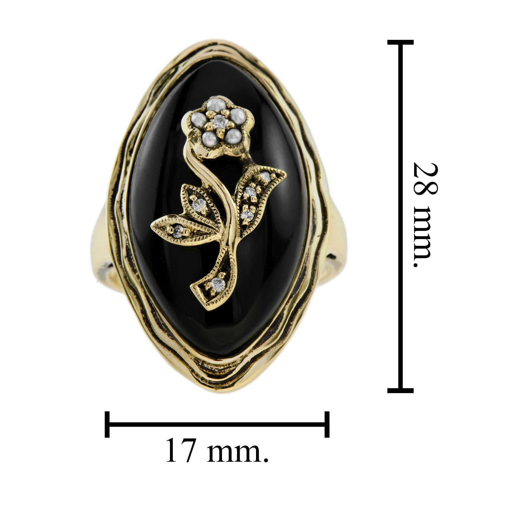 Bague cocktail de style ancien en or jaune 14 carats, diamant, perle, onyx et fleur Pour femmes en vente