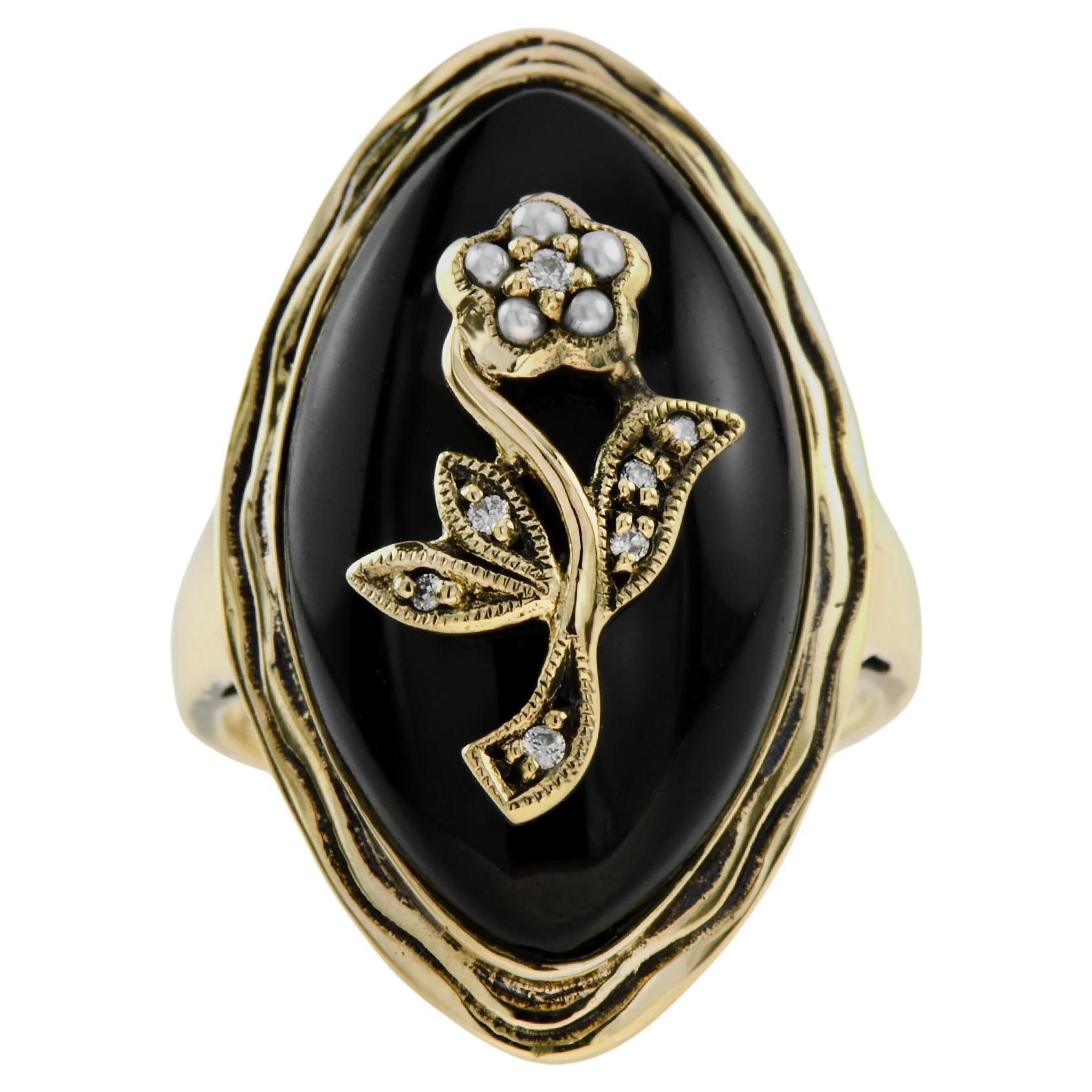Diamond Pearl Onyx Flower Antique Style Cocktail Ring in 14K Yellow Gold
