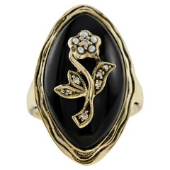 Diamond Pearl Onyx Flower Antique Style Cocktail Ring in 14K Yellow Gold