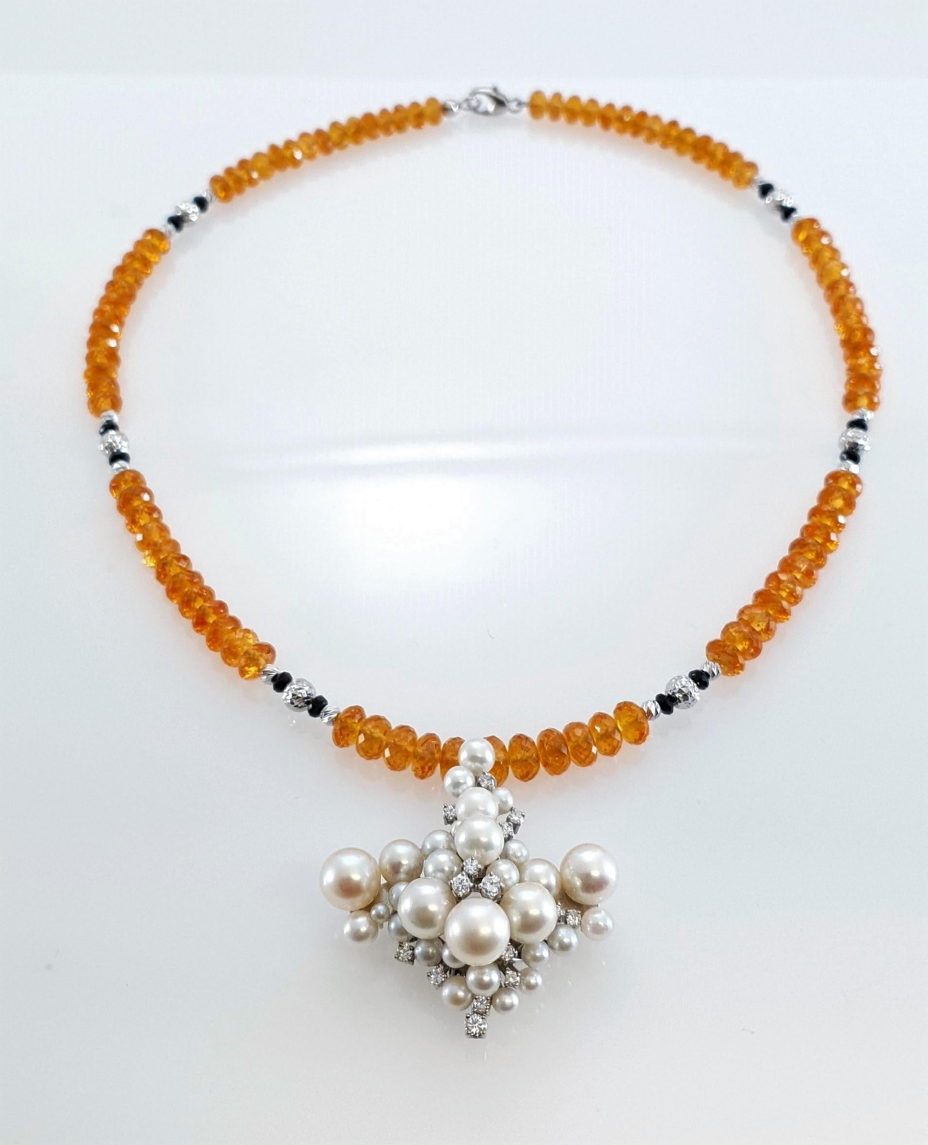 Diamant-Perlen-Anhänger mit Mandarine Granat, schwarzem Spinell und 18kt Weißgold (Arts and Crafts)
