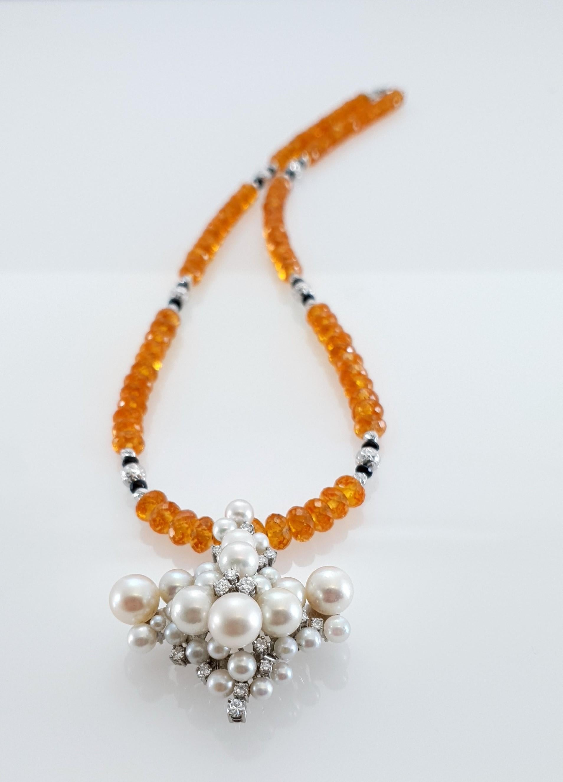 Diamant-Perlen-Anhänger mit Mandarine Granat, schwarzem Spinell und 18kt Weißgold Damen