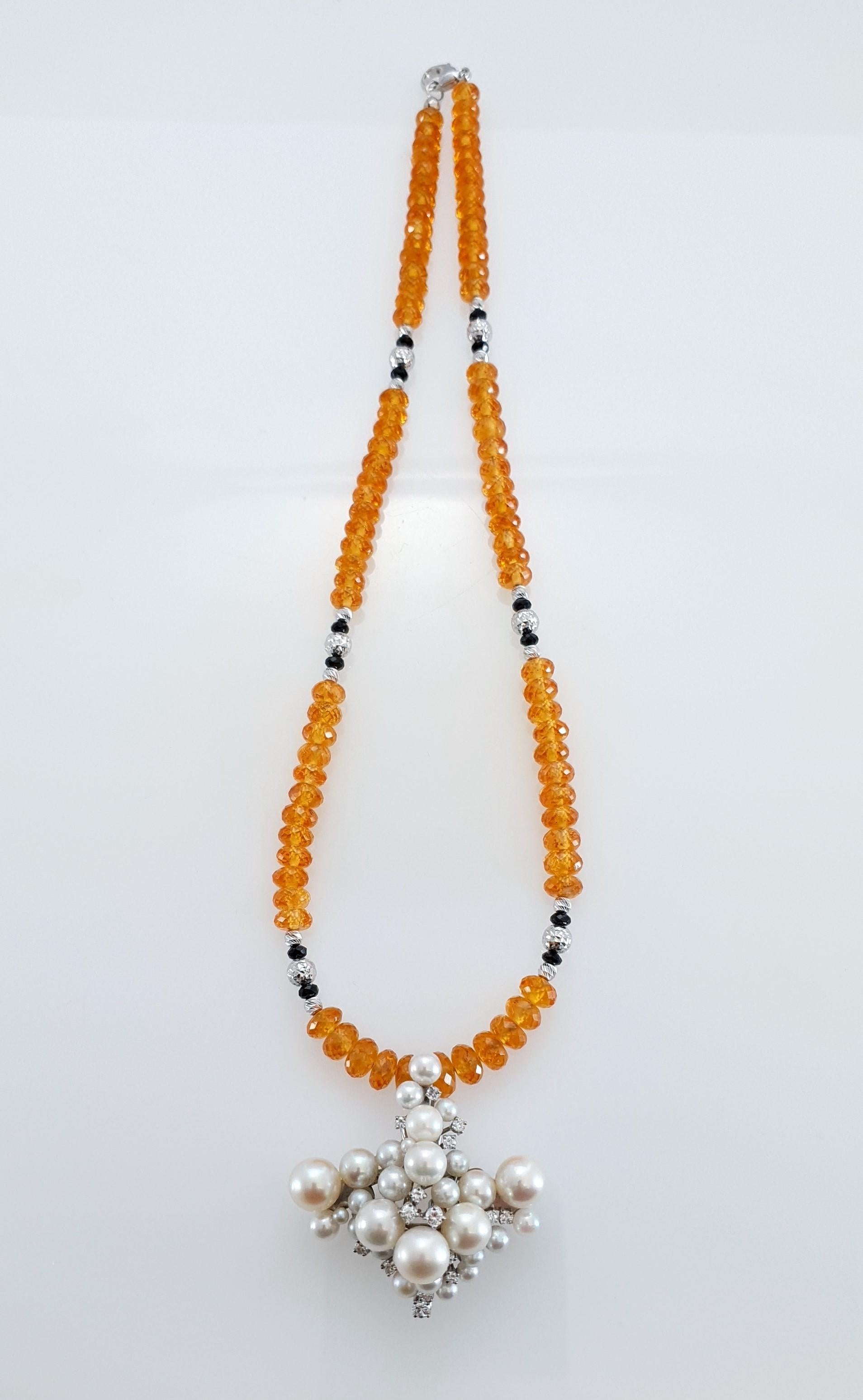 Diamant-Perlen-Anhänger mit Mandarine Granat, schwarzem Spinell und 18kt Weißgold 1