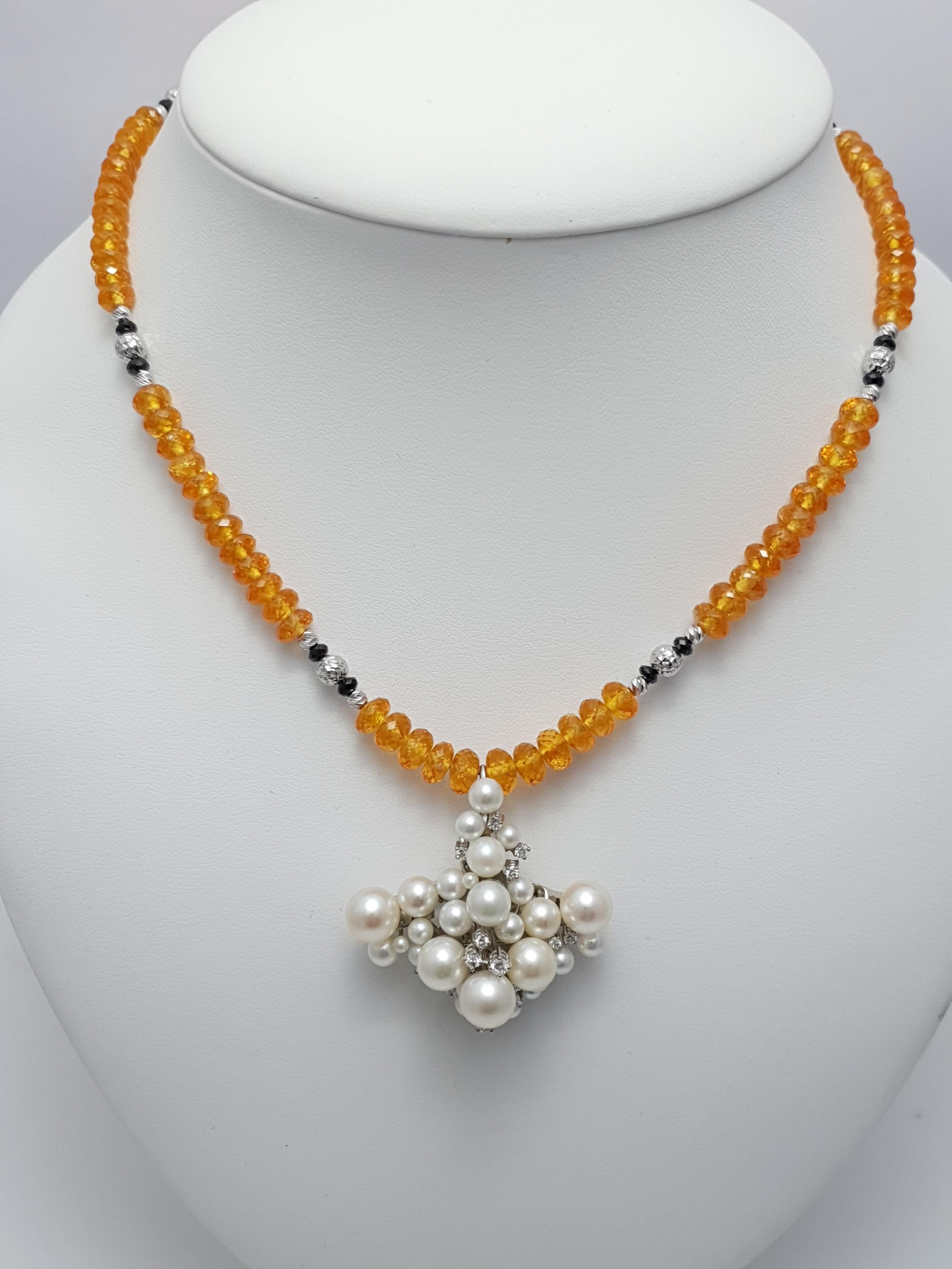 Diamant-Perlen-Anhänger mit Mandarine Granat, schwarzem Spinell und 18kt Weißgold 2