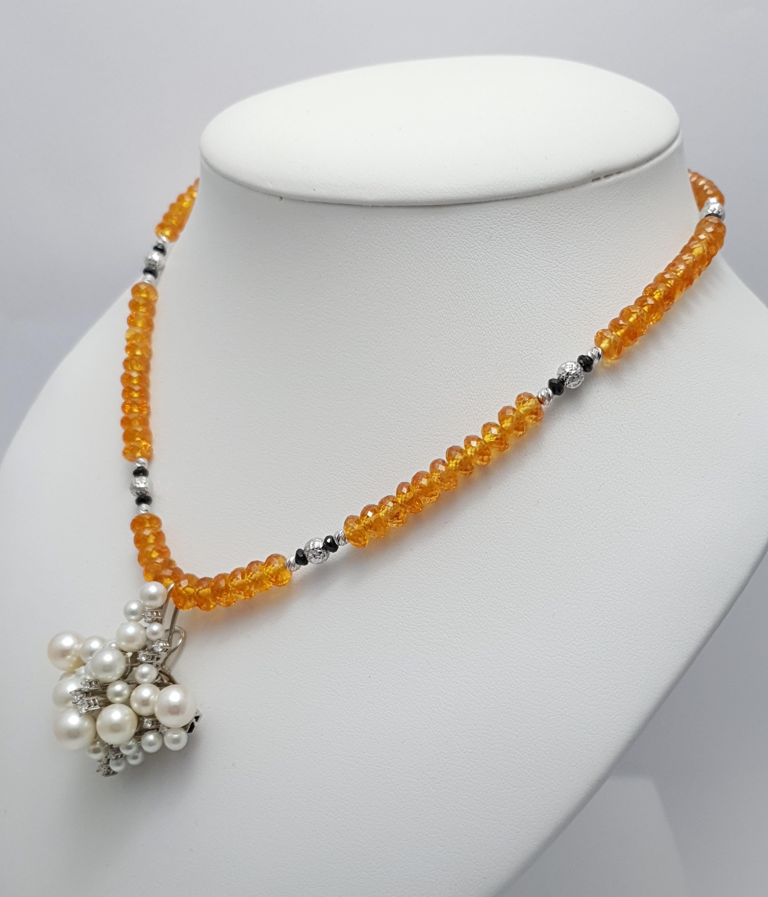 Diamant-Perlen-Anhänger mit Mandarine Granat, schwarzem Spinell und 18kt Weißgold 3