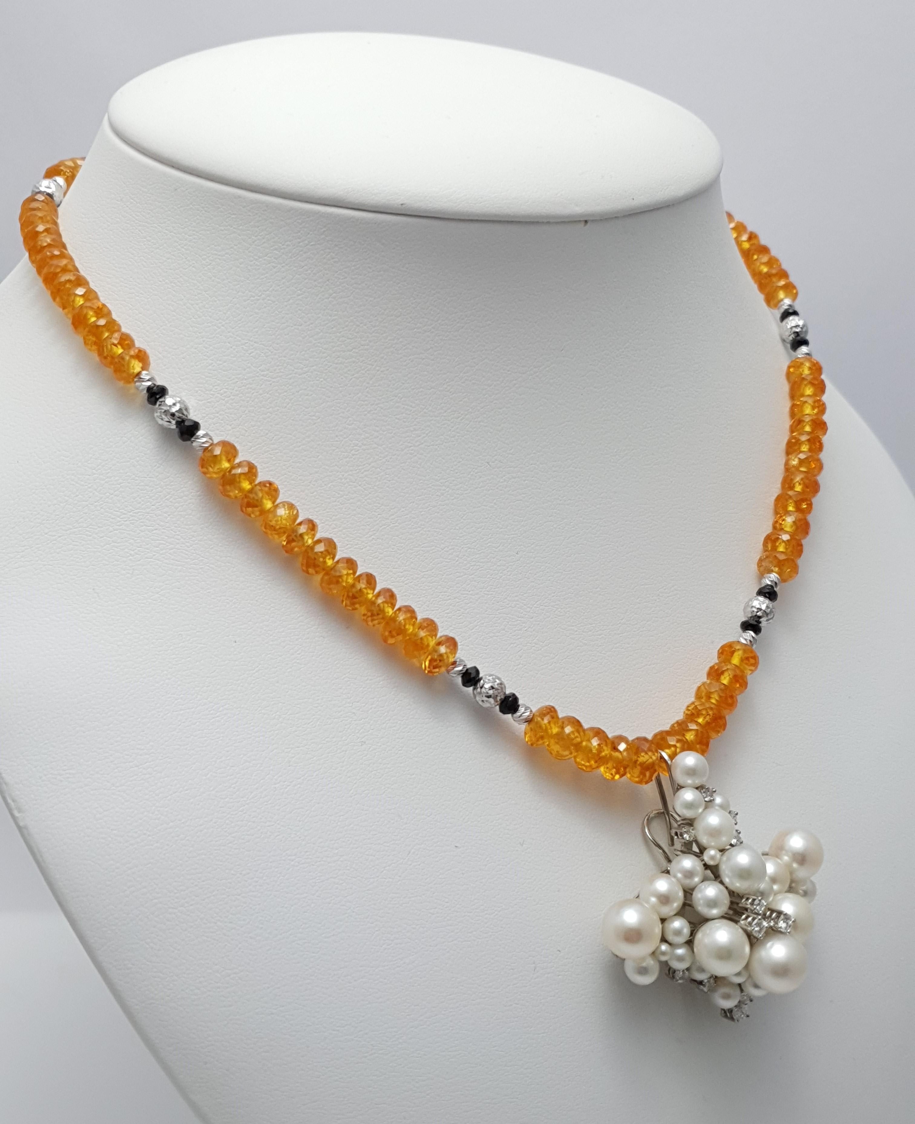 Diamant-Perlen-Anhänger mit Mandarine Granat, schwarzem Spinell und 18kt Weißgold 4