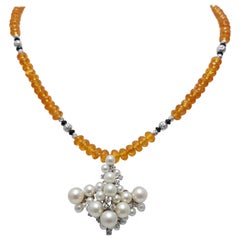 Diamant-Perlen-Anhänger mit Mandarine Granat, schwarzem Spinell und 18kt Weißgold