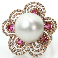 Diamond Pearl Pink Sapphire White and Rose Gold Flower Ring