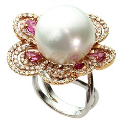 Diamond Pearl Pink Sapphire White and Rose Gold Flower Ring