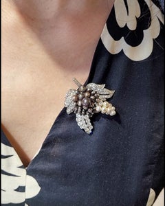 Contemporary Platinum Diamond and Pearl Brooch, Circa 2010s, USA