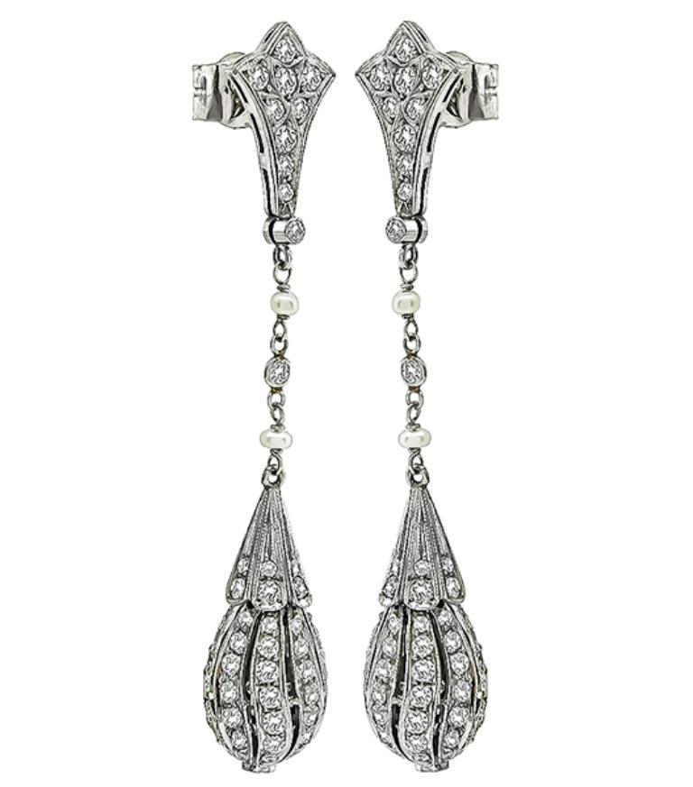 Art Deco Diamond Pearl Platinum Handmade Drop Earrings