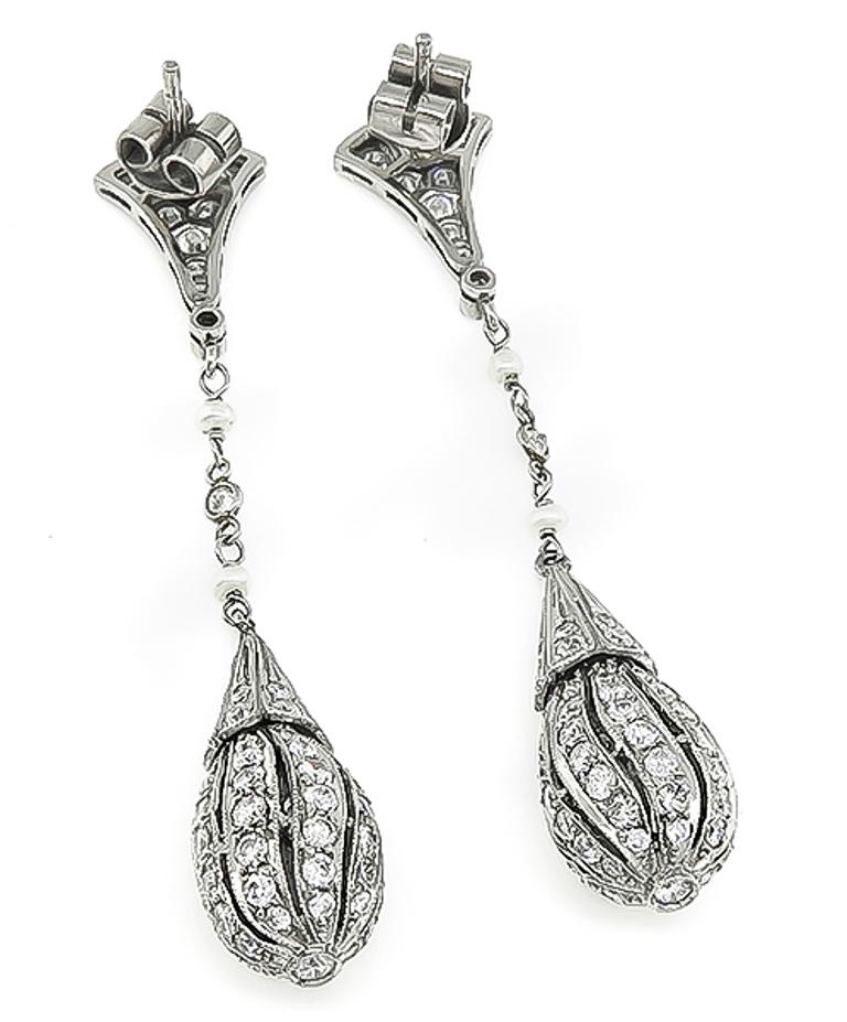 Round Cut Diamond Pearl Platinum Handmade Drop Earrings