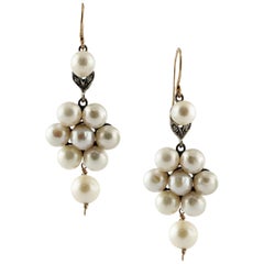 Diamond Pearl Rose Gold and Silver Flower Shape Earrings