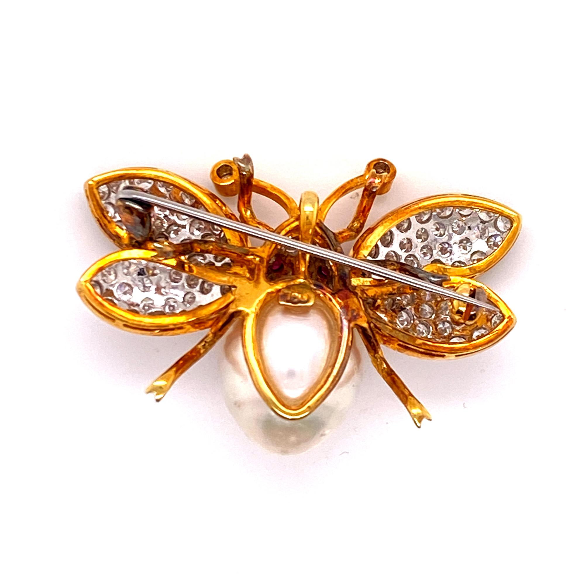 Modern Diamond Pearl Ruby 18 Karat Yellow Gold Bumble Bee Pin Brooch Pendant