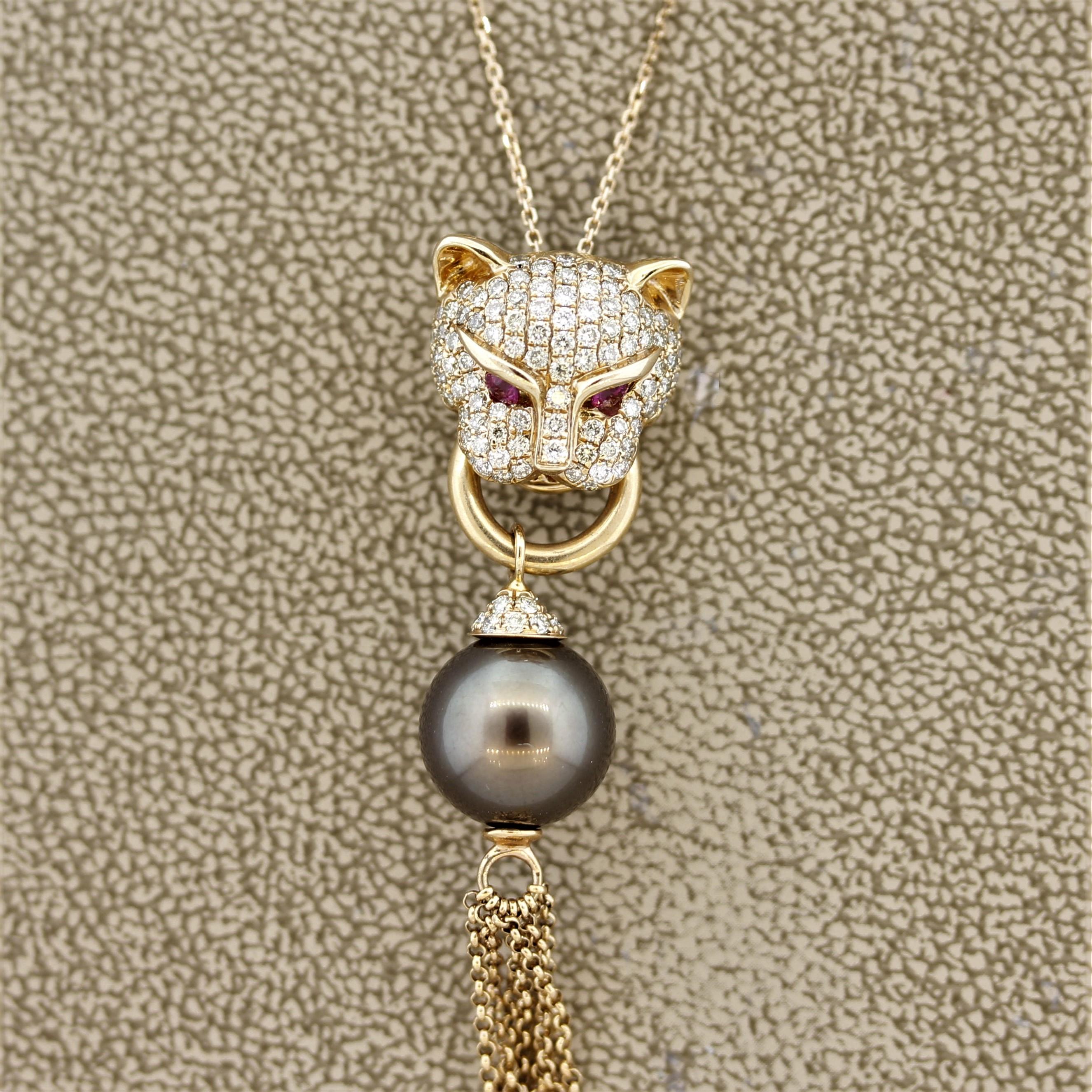A stunning pendant featuring a strong and loyal panther. It is set with 0.83 carats of round brilliant cut diamonds along with 2 rubies weighing 0.11 carats which are used as its glowing eyes. In its mouth is a hoop of 18k rose gold which leads to a