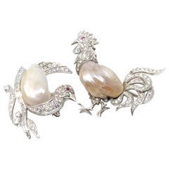 Diamond Pearl Ruby Rooster Hen 18 Karat White Gold Brooch Set
