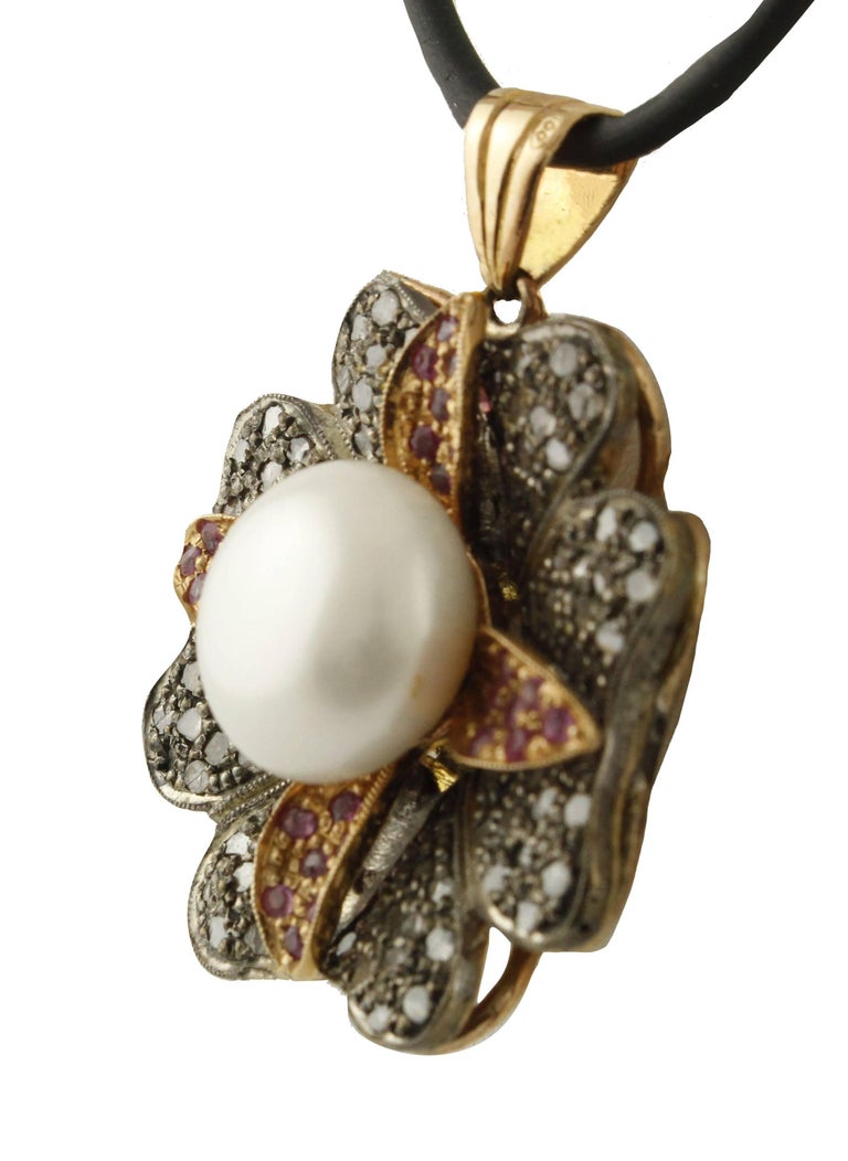 Diamond Pearl Ruby Rose Gold Pendant For Sale at 1stDibs