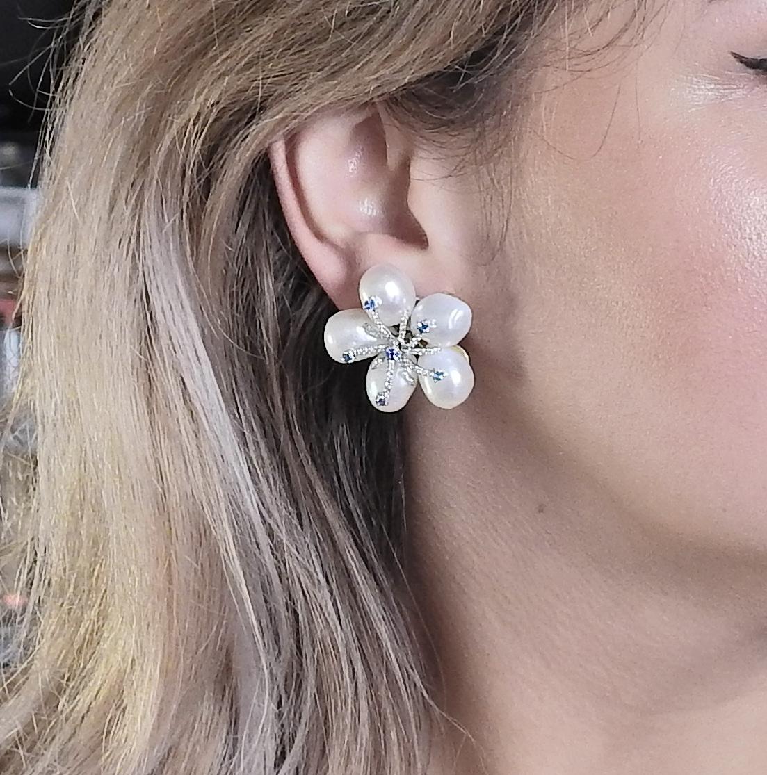 Women's Diamond Pearl Sapphire Gold Flower Earrings