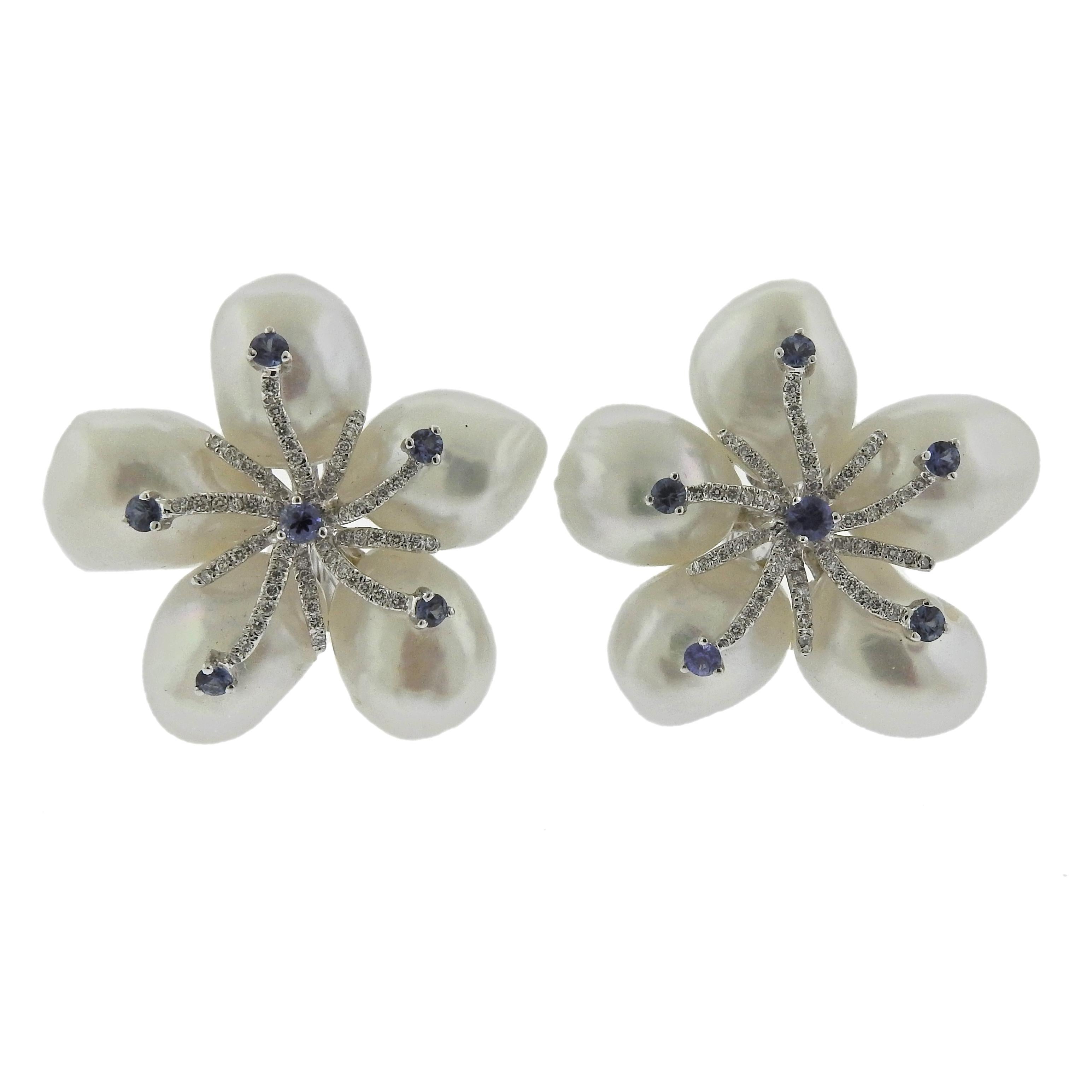 Diamond Pearl Sapphire Gold Flower Earrings