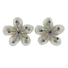 Diamond Pearl Sapphire Gold Flower Earrings