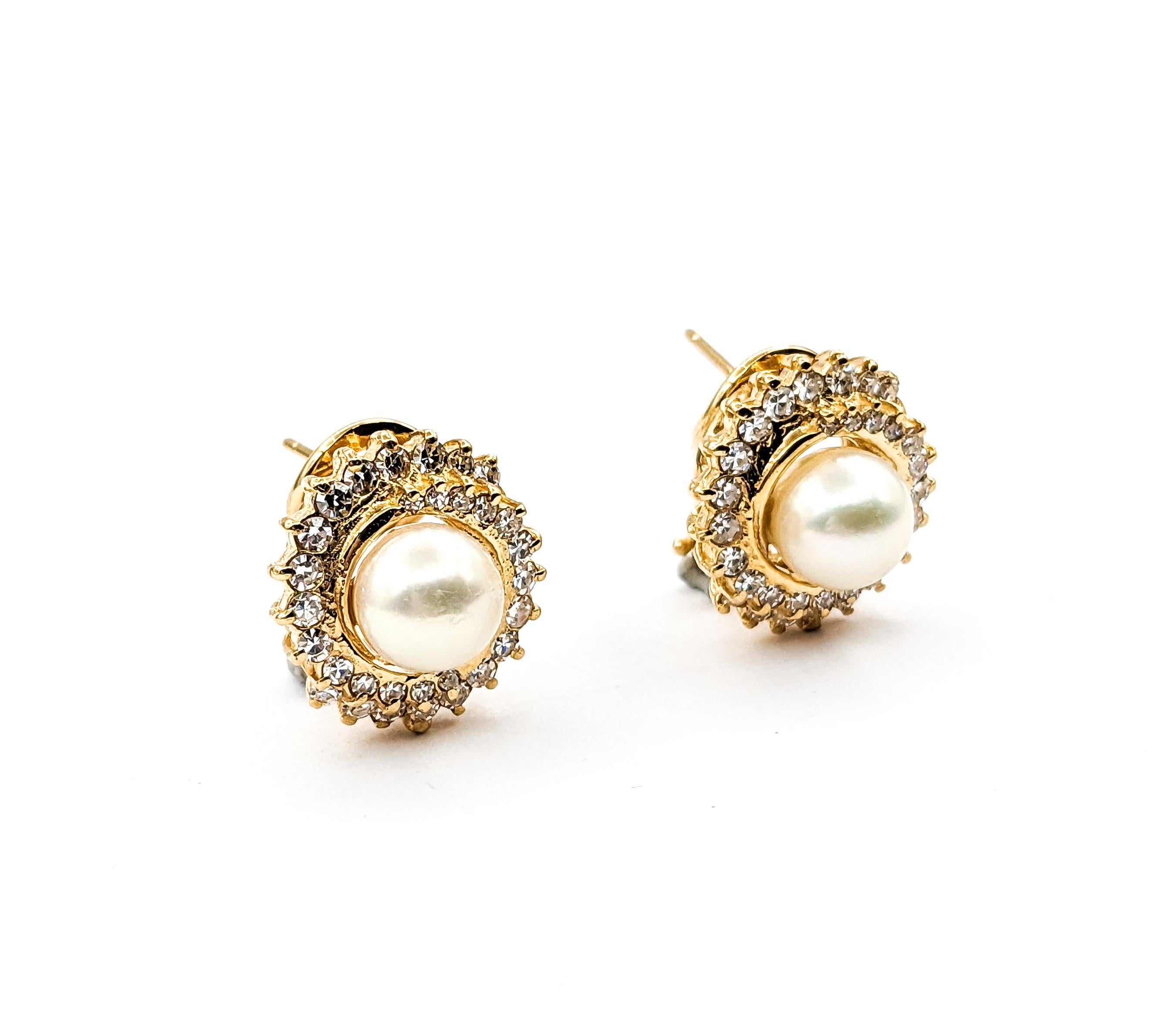 Contemporary Diamond & Pearl Stud Omega Earrings in Yellow Gold