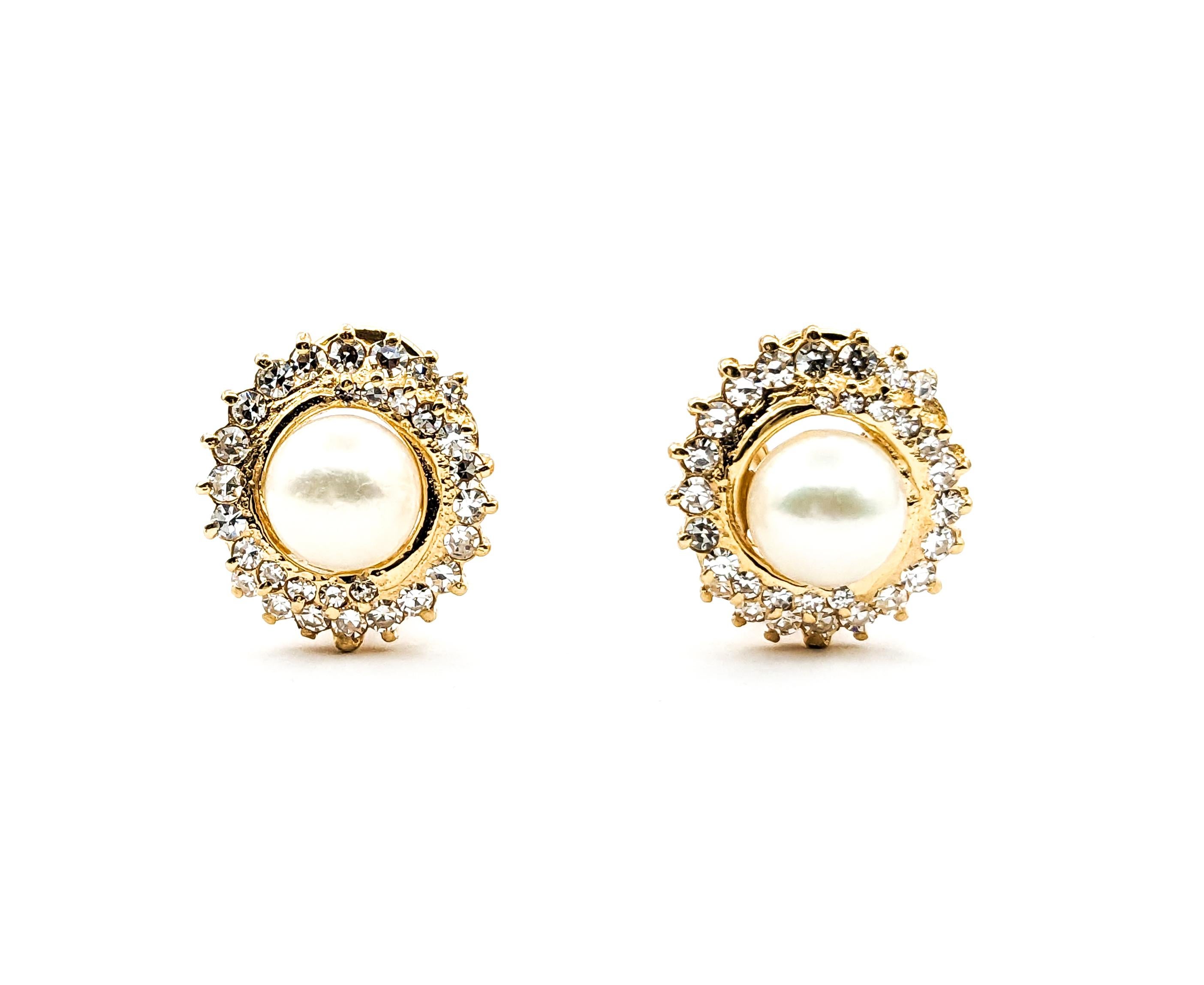 Round Cut Diamond & Pearl Stud Omega Earrings in Yellow Gold