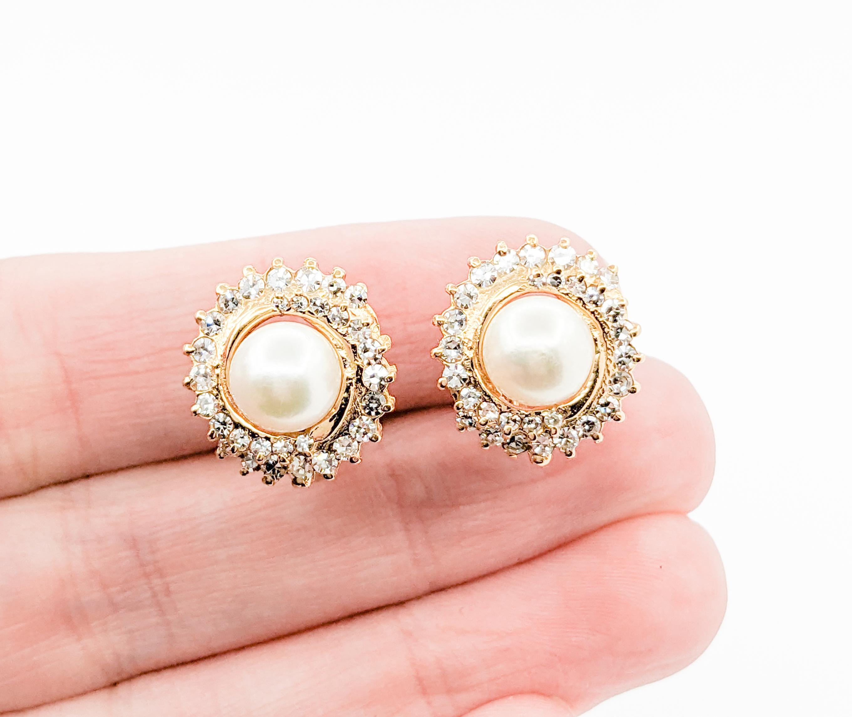 Women's Diamond & Pearl Stud Omega Earrings in Yellow Gold