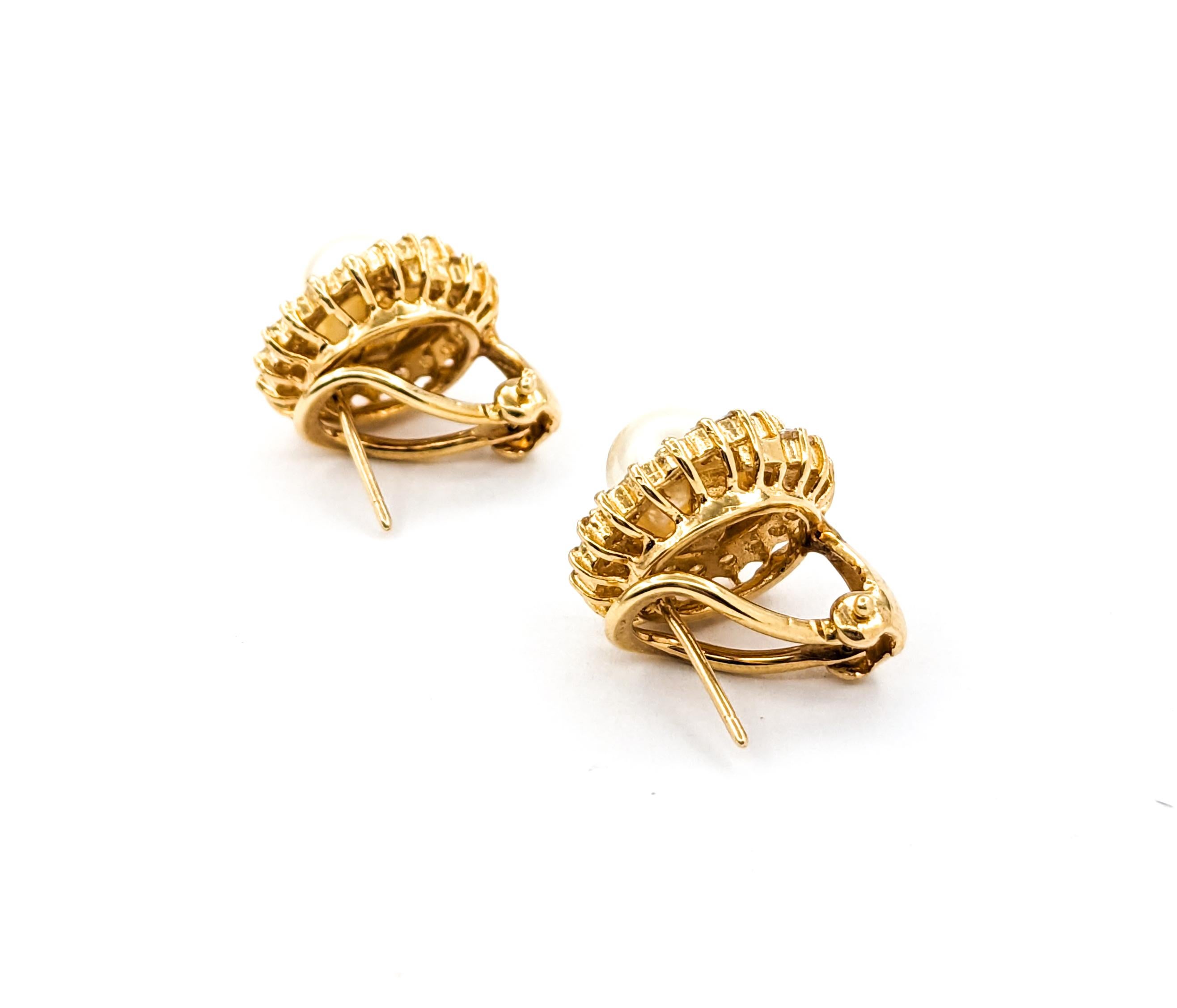 Diamond & Pearl Stud Omega Earrings in Yellow Gold 1
