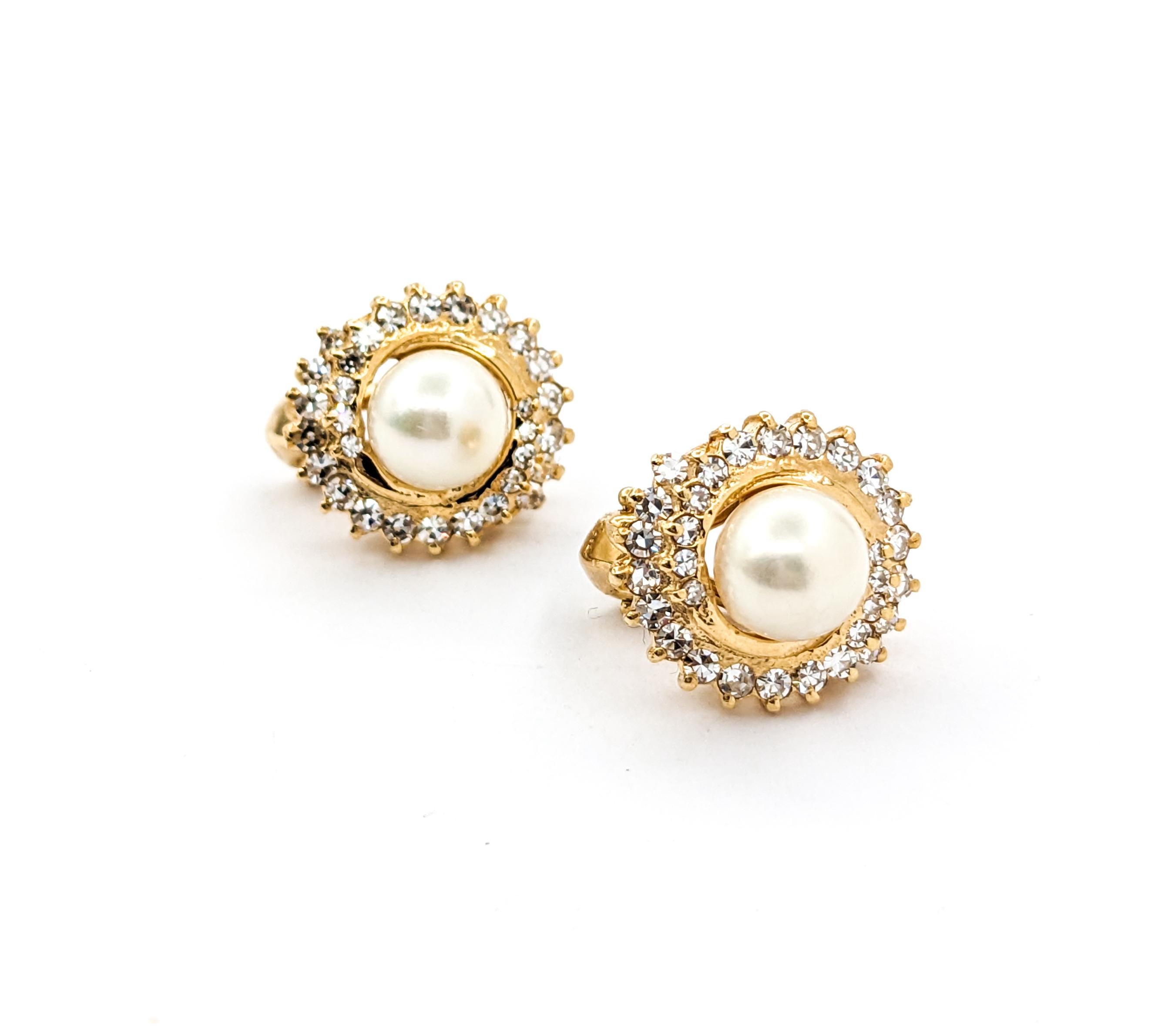 Diamond & Pearl Stud Omega Earrings in Yellow Gold 2