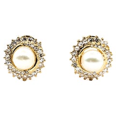 Diamond & Pearl Stud Omega Earrings in Yellow Gold