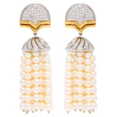 Diamond Pearl Tassel Drop Earrings Chandelier Design by Ella Gafter