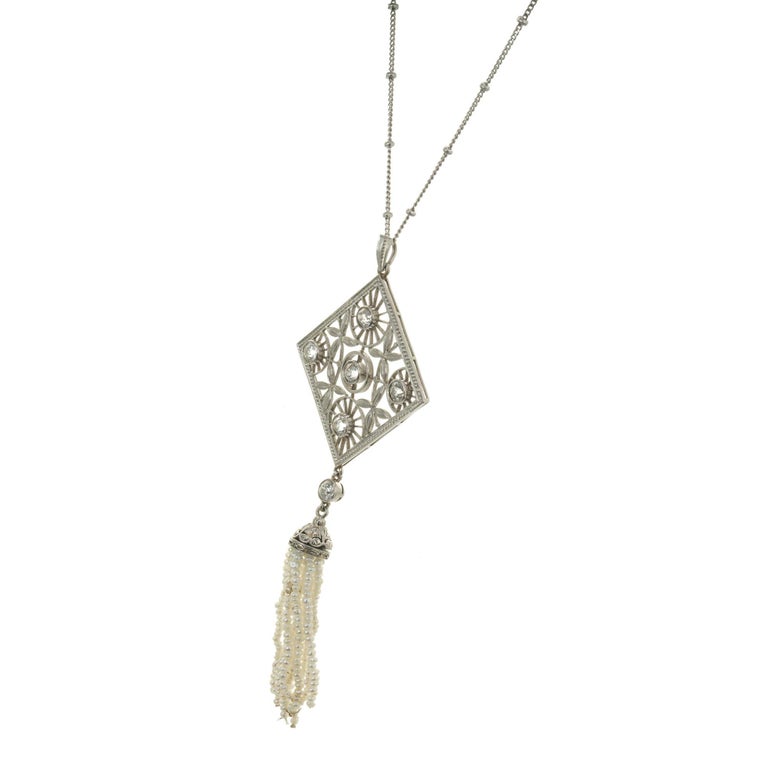 Diamond Pearl Tassel Victorian Platinum Pendant Necklace For Sale at ...