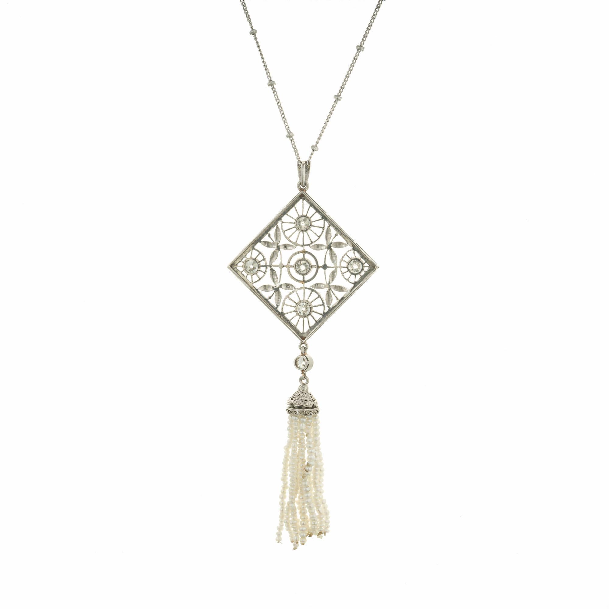 Diamant-Perlen-Quaste viktorianische Platin-Anhänger-Halskette (Viktorianisch) im Angebot