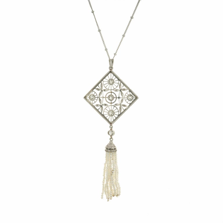 Diamond Pearl Tassel Victorian Platinum Pendant Necklace For Sale at ...