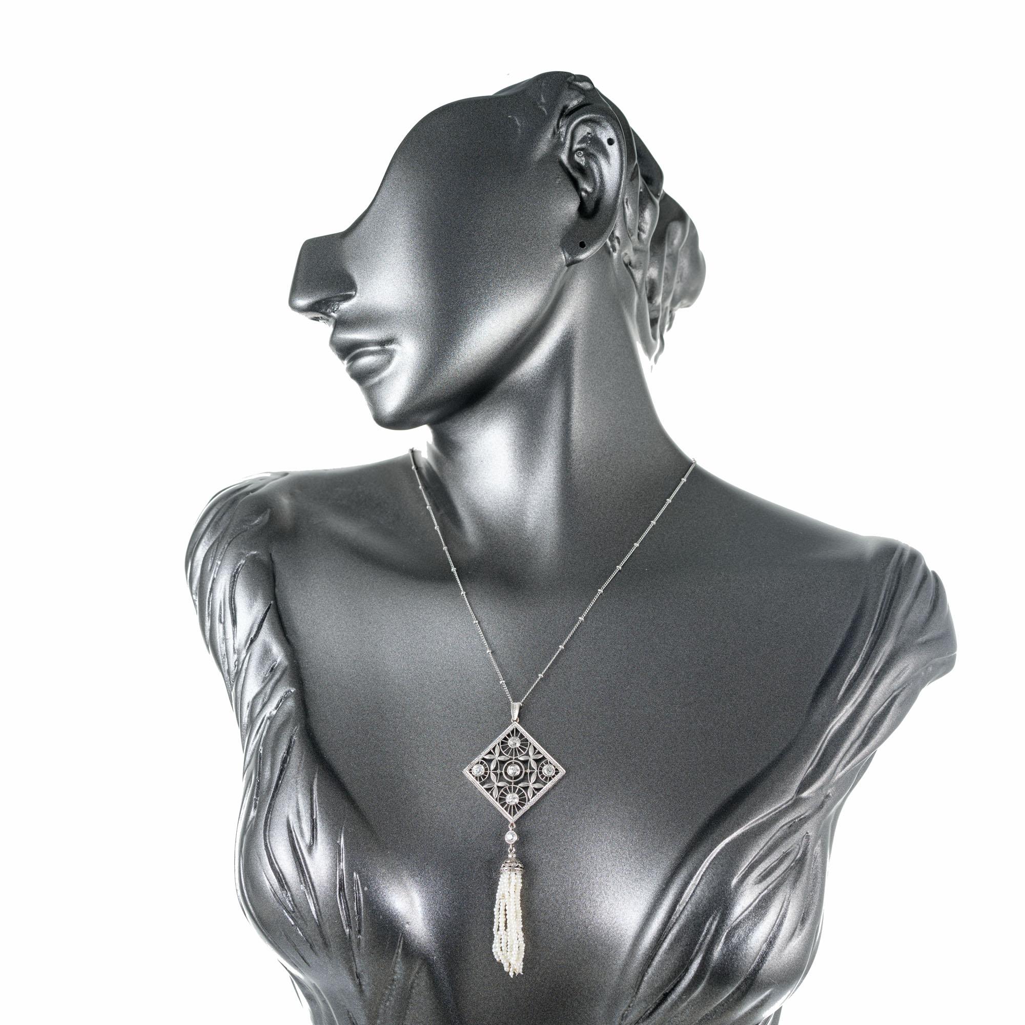 Old European Cut Diamond Pearl Tassel Victorian Platinum Pendant Necklace For Sale