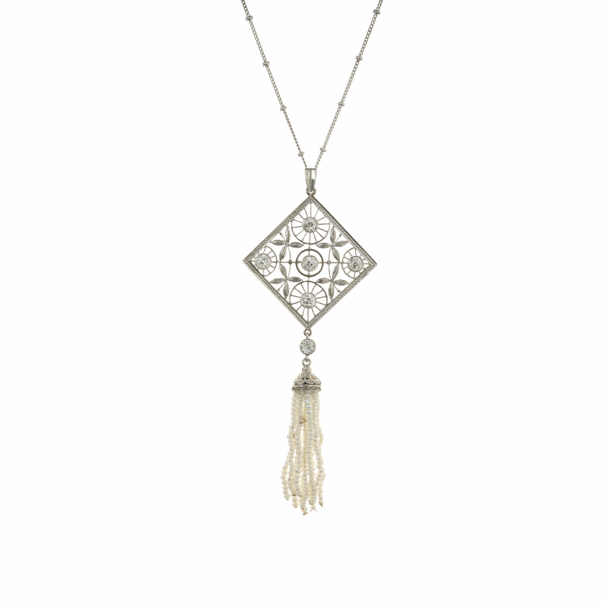 Diamond Pearl Tassel Victorian Platinum Pendant Necklace For Sale