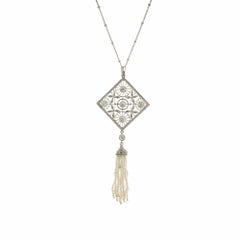 Diamond Pearl Tassel Victorian Platinum Pendant Necklace